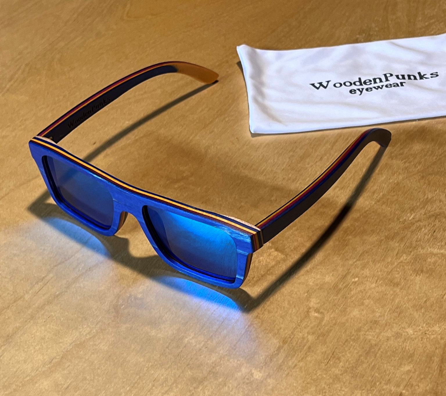 Multicolored Skateboard Wood Polarized Blue Lens Sunglasses