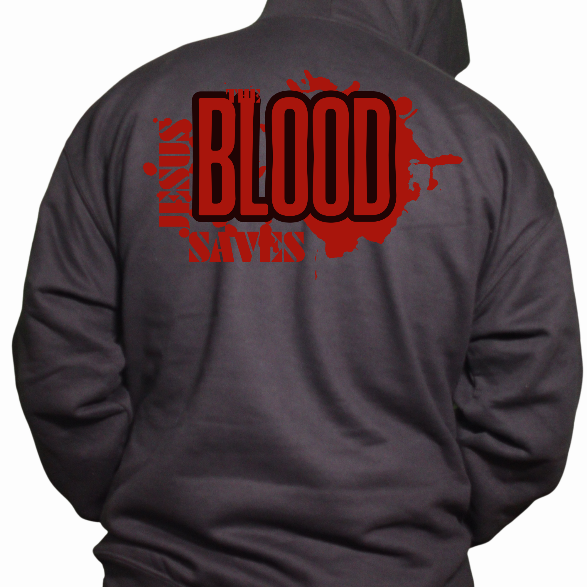 Hoodie with 'Blood of Jesus Saves' Design- Man-Grey