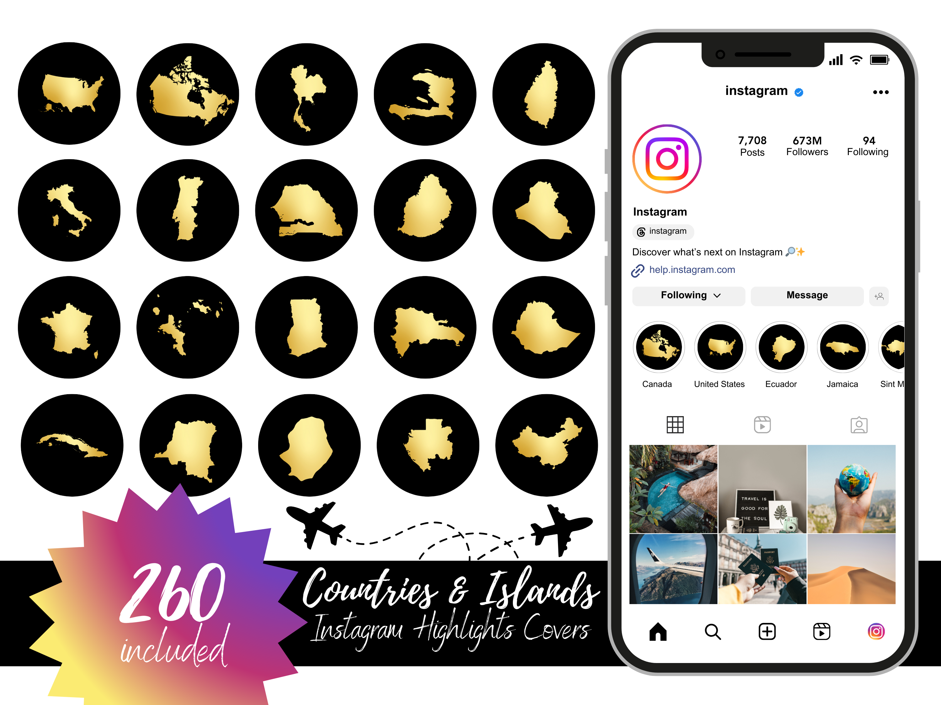 Black and Gold Countries and Islands Map