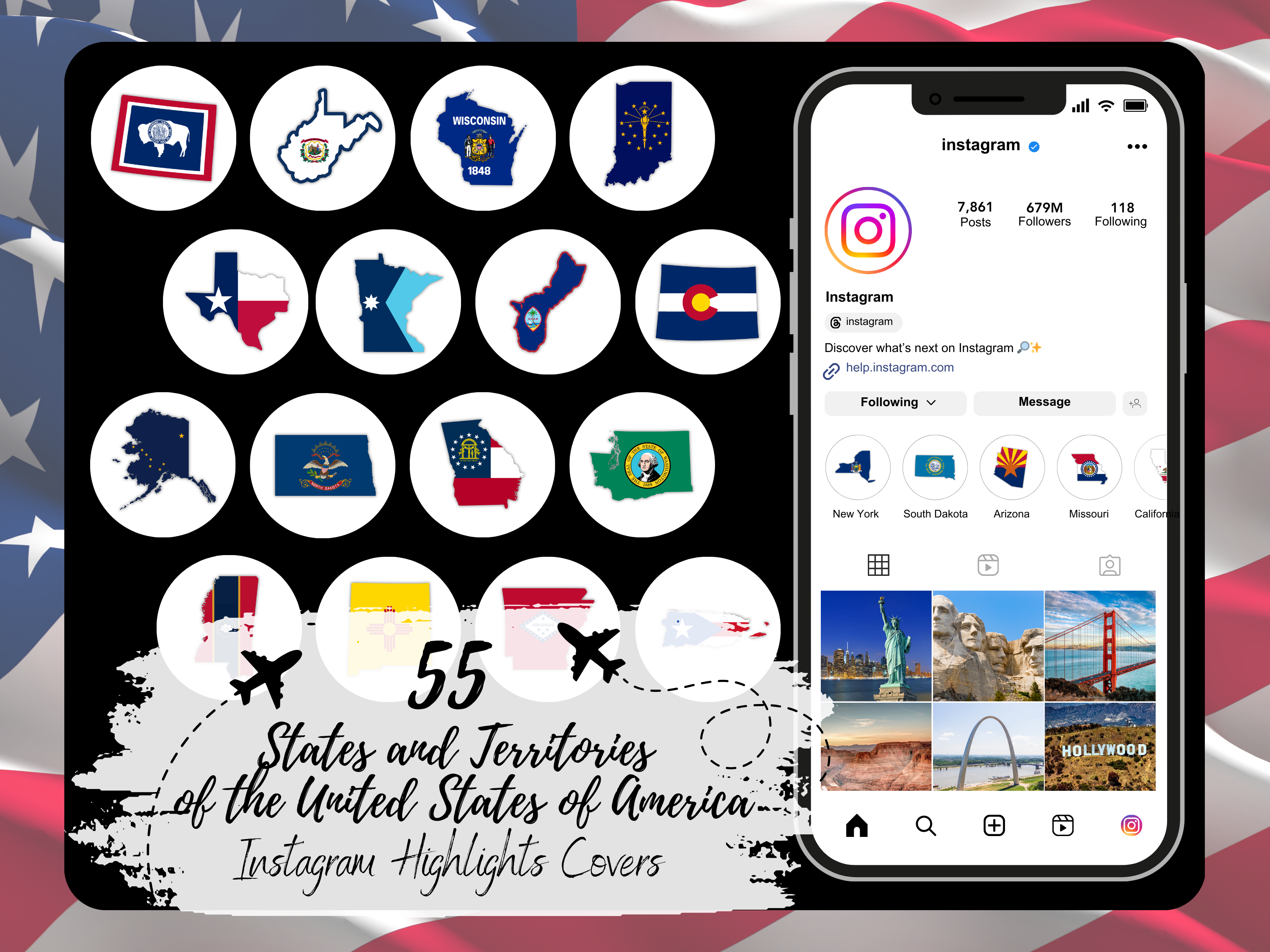 US States and Territories Map Flags