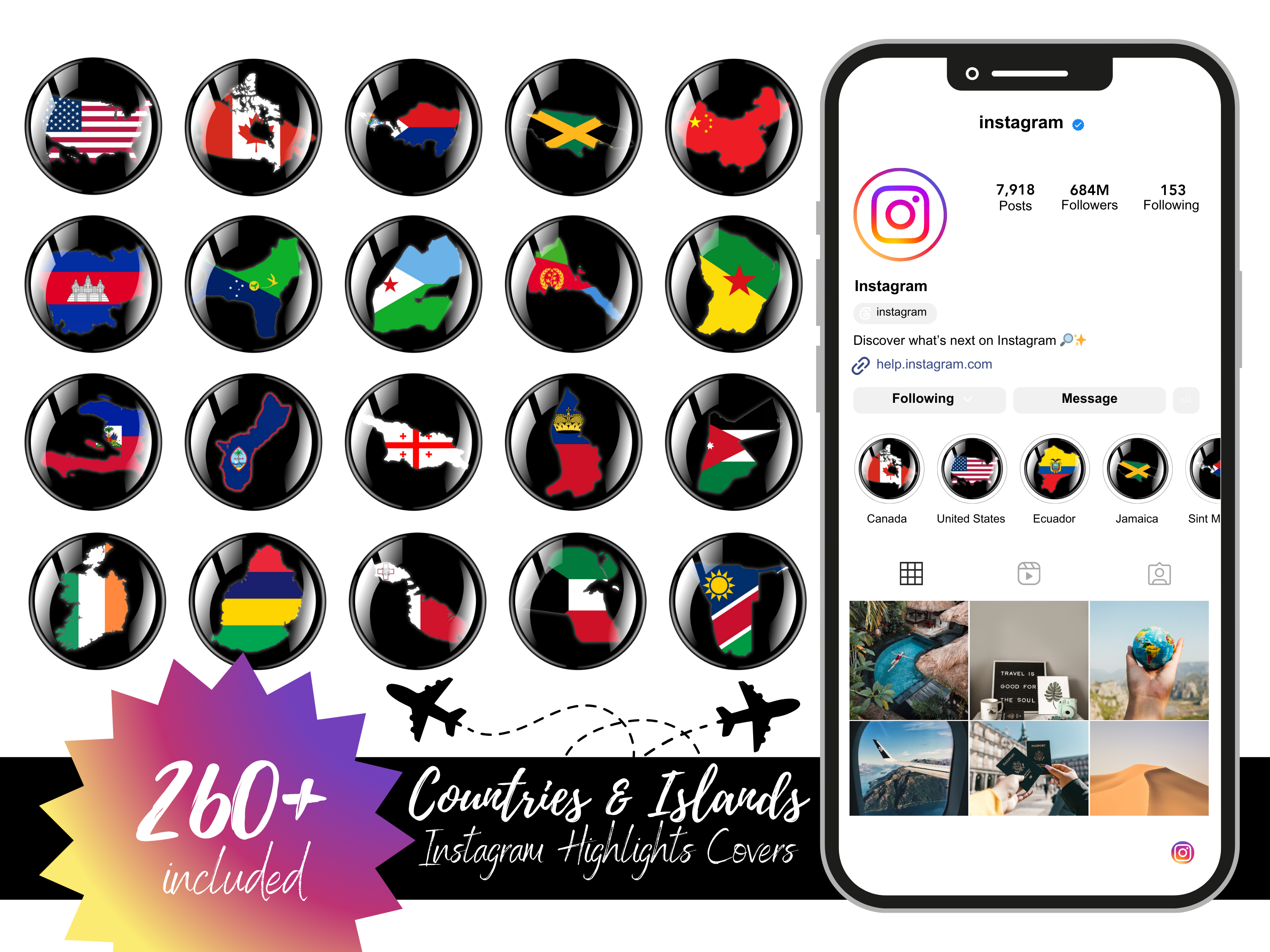 Countries and Islands Bubble Map Flags Black Background