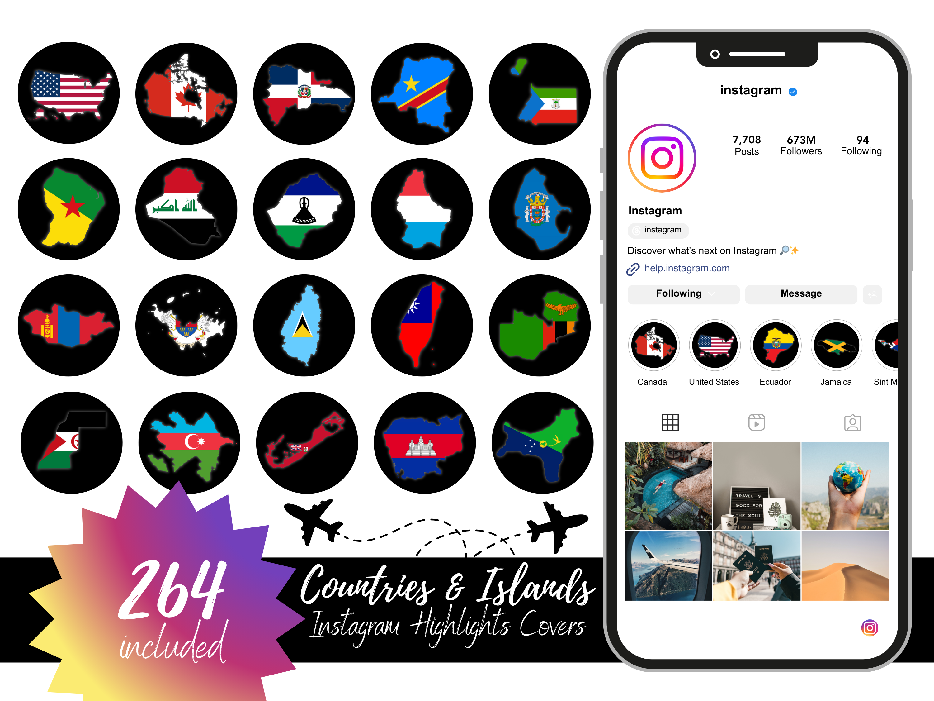 Countries and Islands Map Flags Black Background