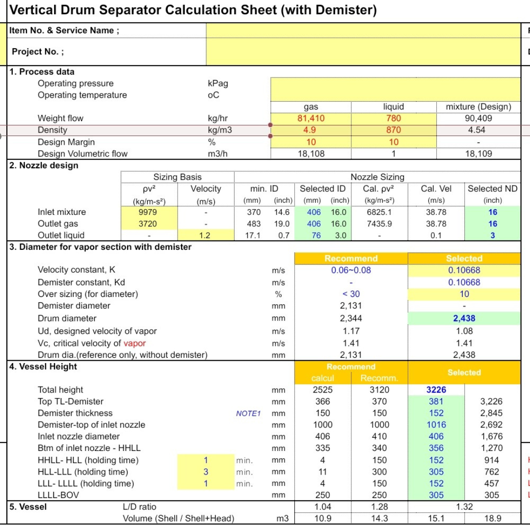 Vertical Drum Separator Calculation Sheet