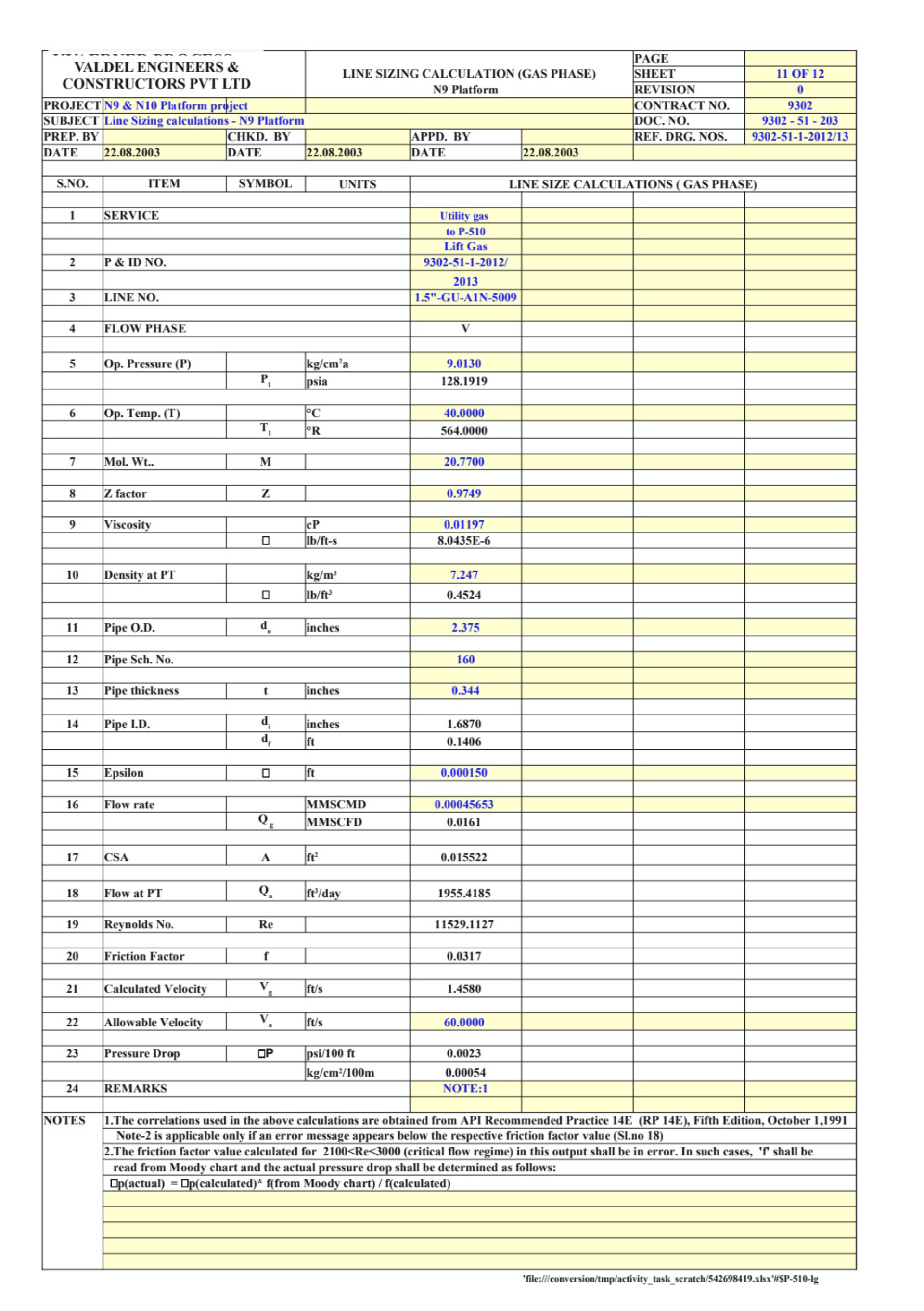 Vent Line Drop Calculation Spreadsheet