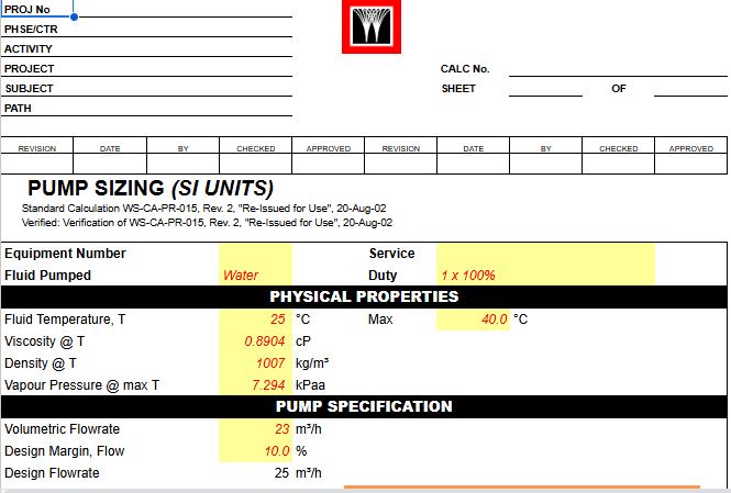 PUMP SIZING SI UNITS