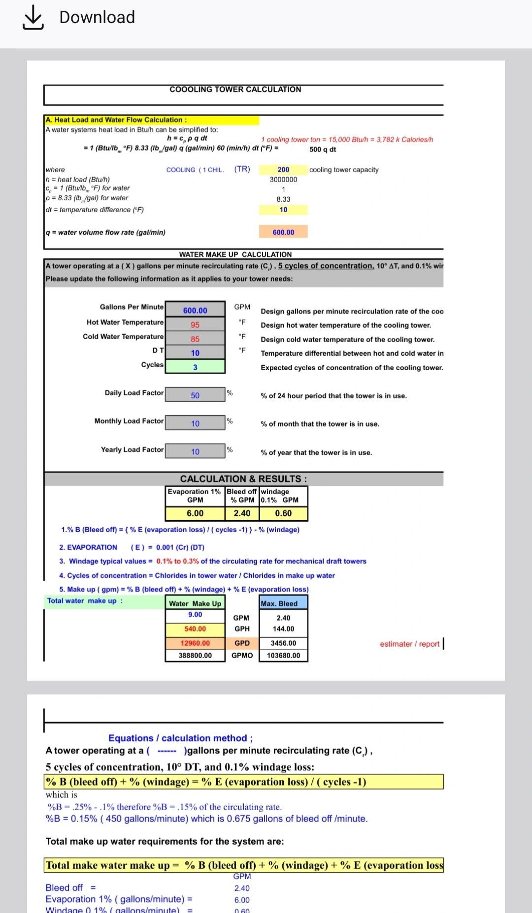 Download Cooling Tower Calculation Spreadsheet