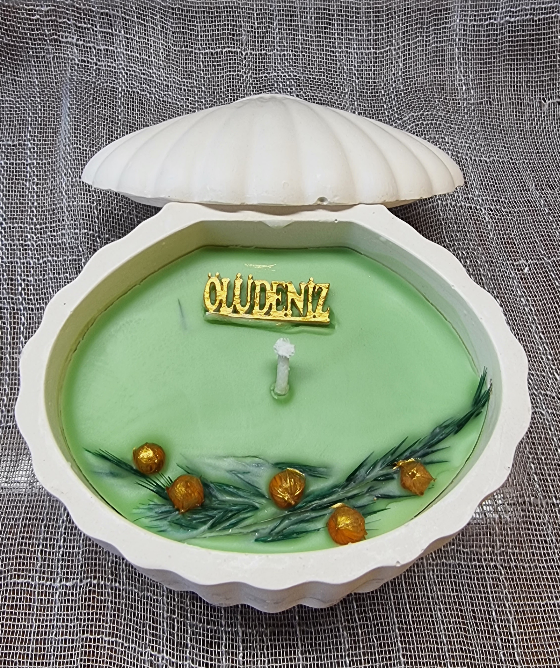 Green wax in a handmade seashell (pine scented)