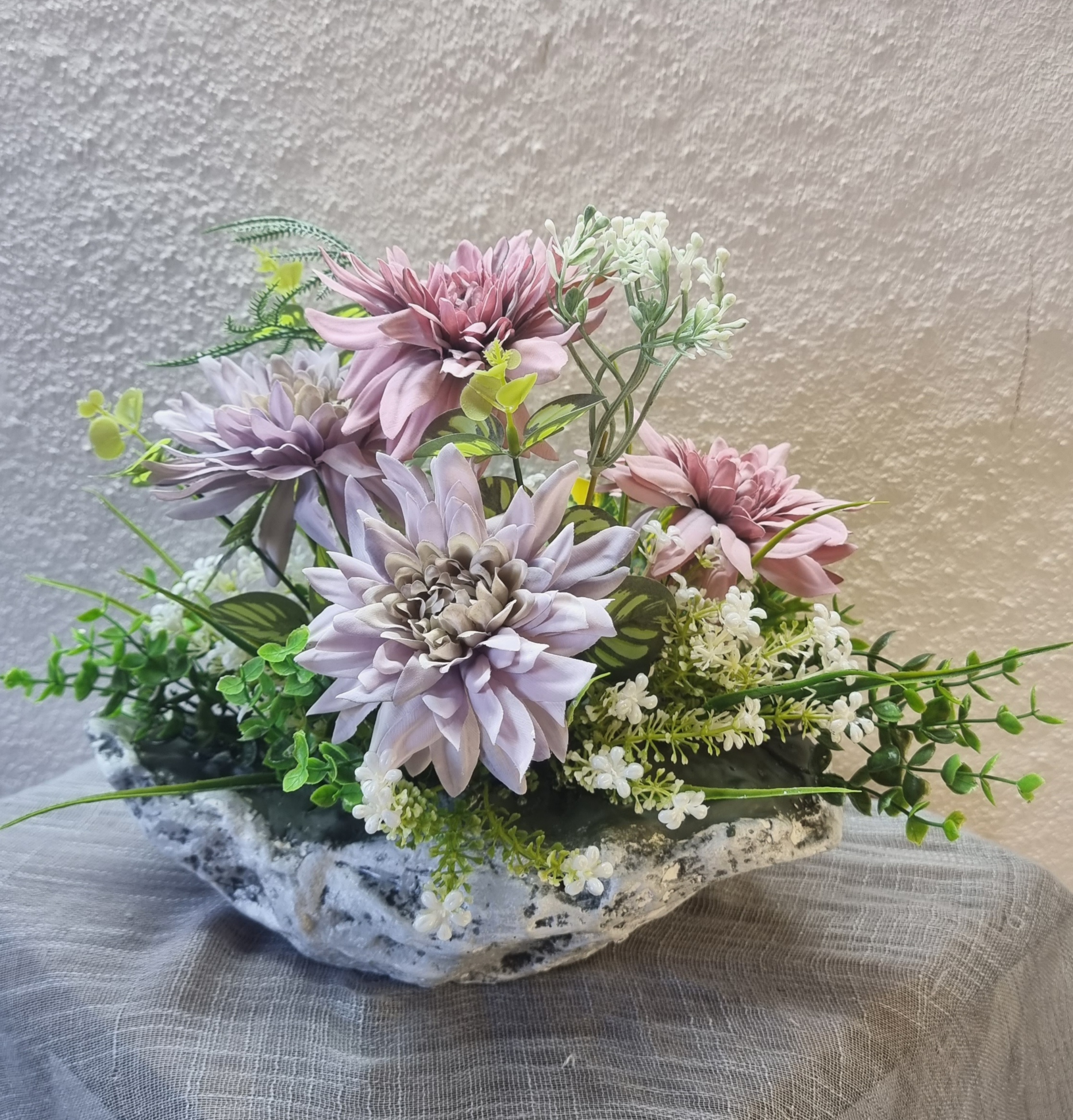 Planter with artificial chrysanthemums