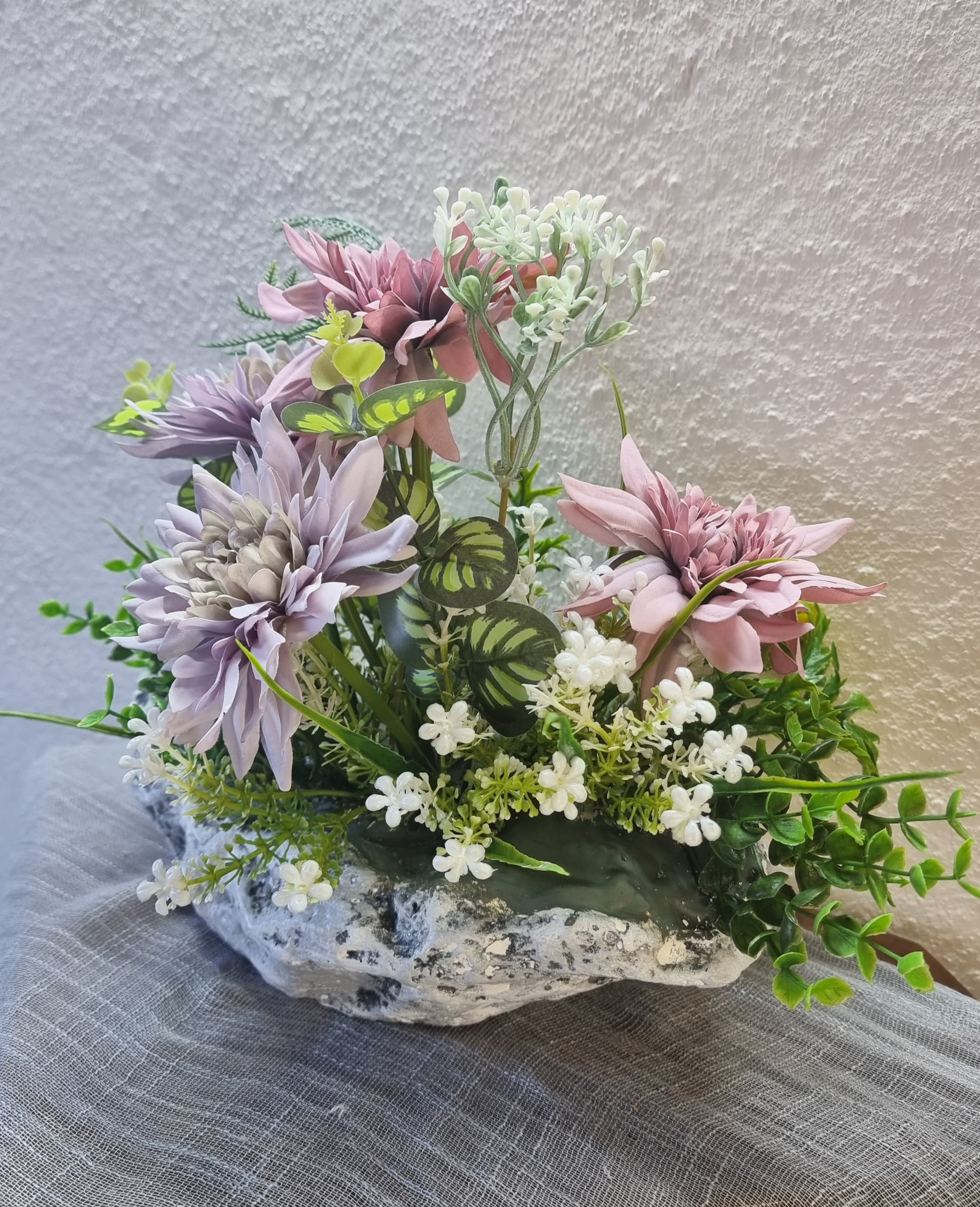 Planter with artificial chrysanthemums