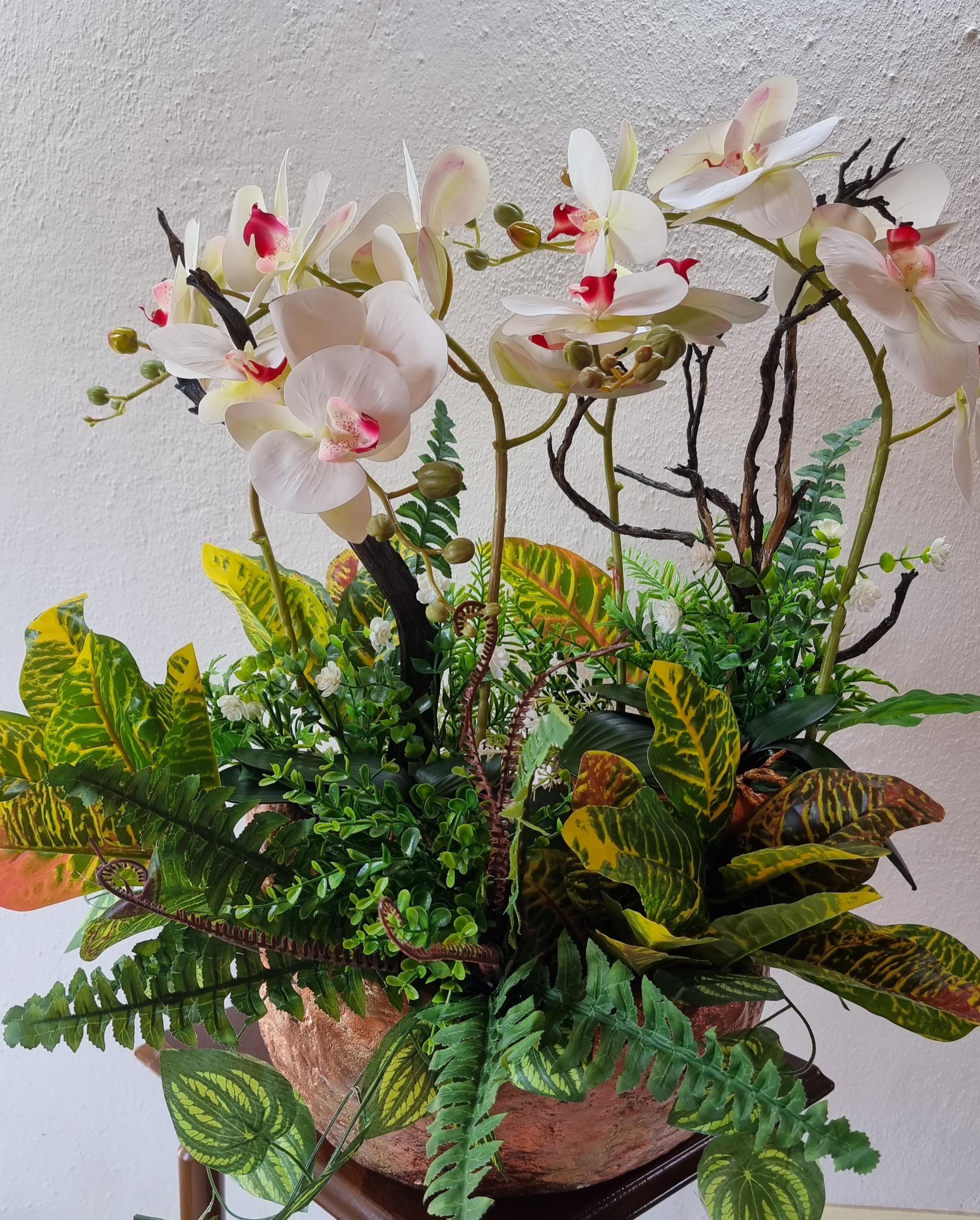 Big-size planter with artificial white orchids