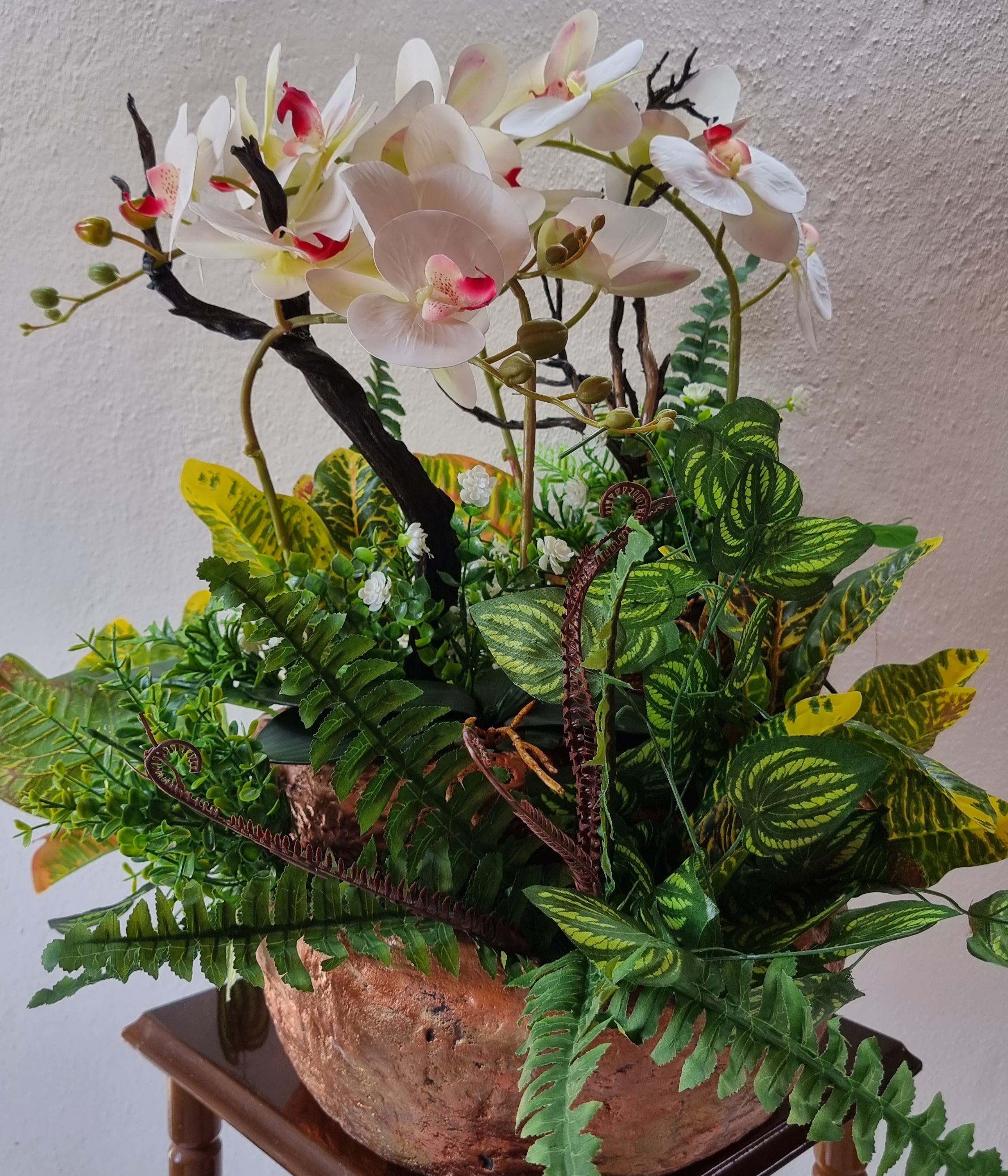 Big-size planter with artificial white orchids