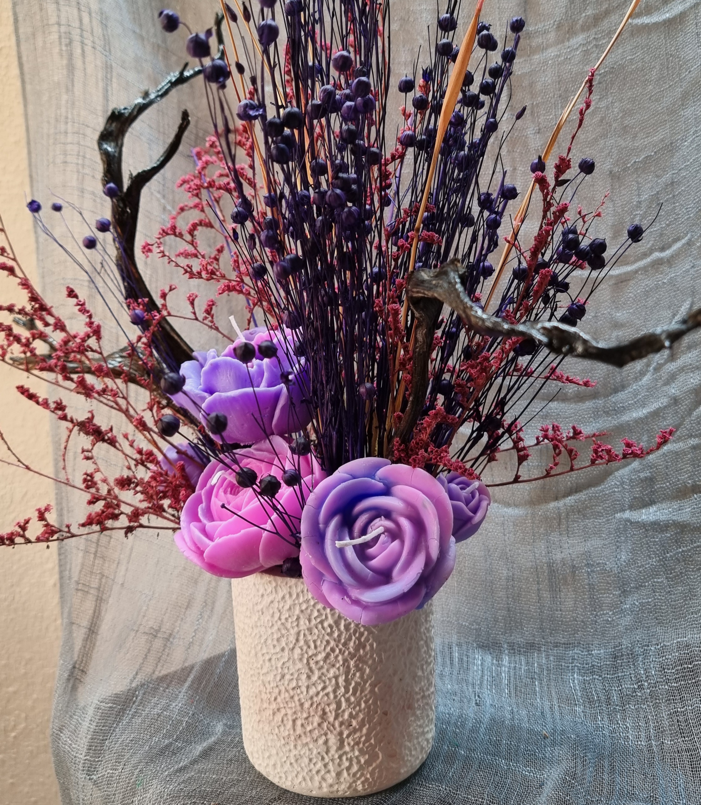 Wax flower bouquet: pink-and-purple theme
