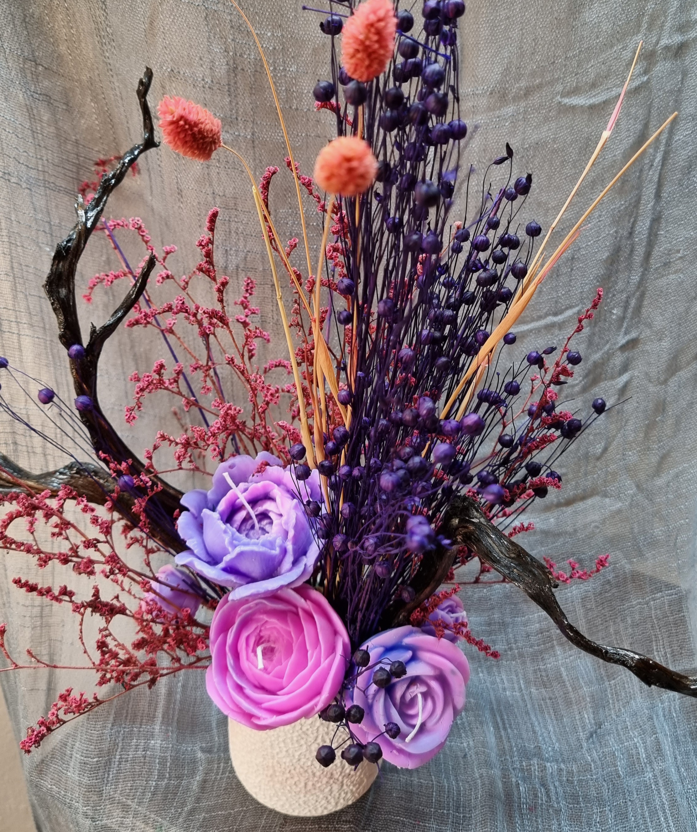 Wax flower bouquet: pink-and-purple theme