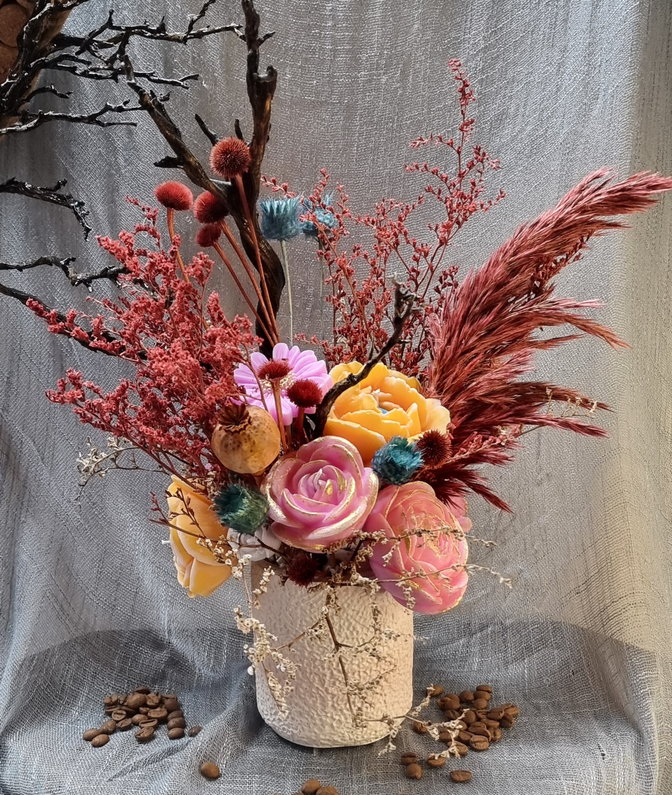 Wax flower bouquet: pink-and-yellow theme