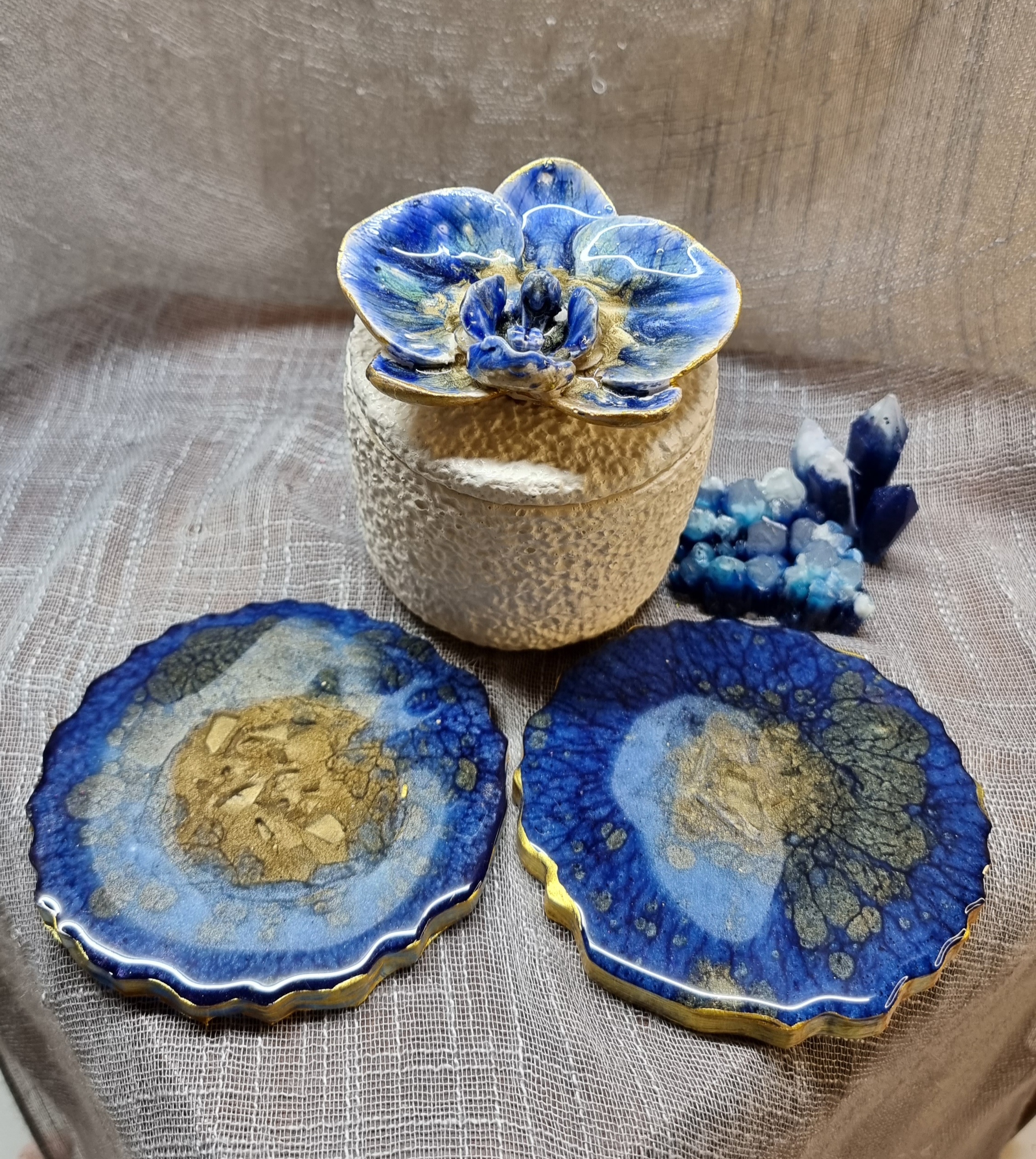 Set of 2 epoxy-resin coated coasters for wine glasses or tea cups