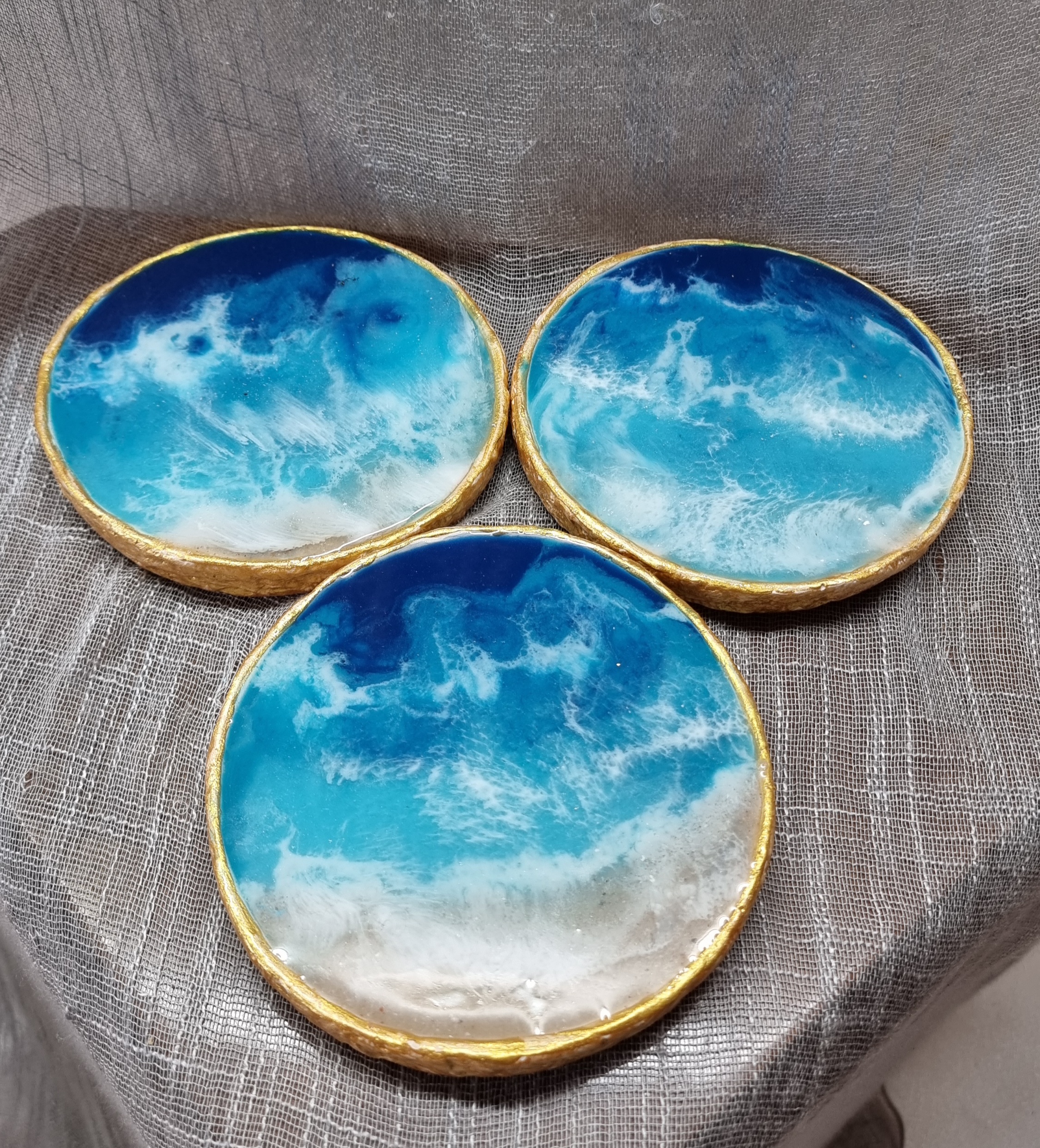 Set of 3 epoxy-resin coated coasters for wine glasses or tea cups