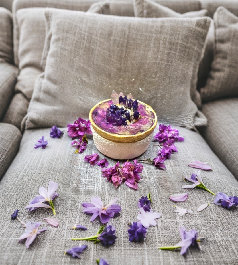 Big-size scented candle with special epoxy-resin coated lid with artificial amethyst