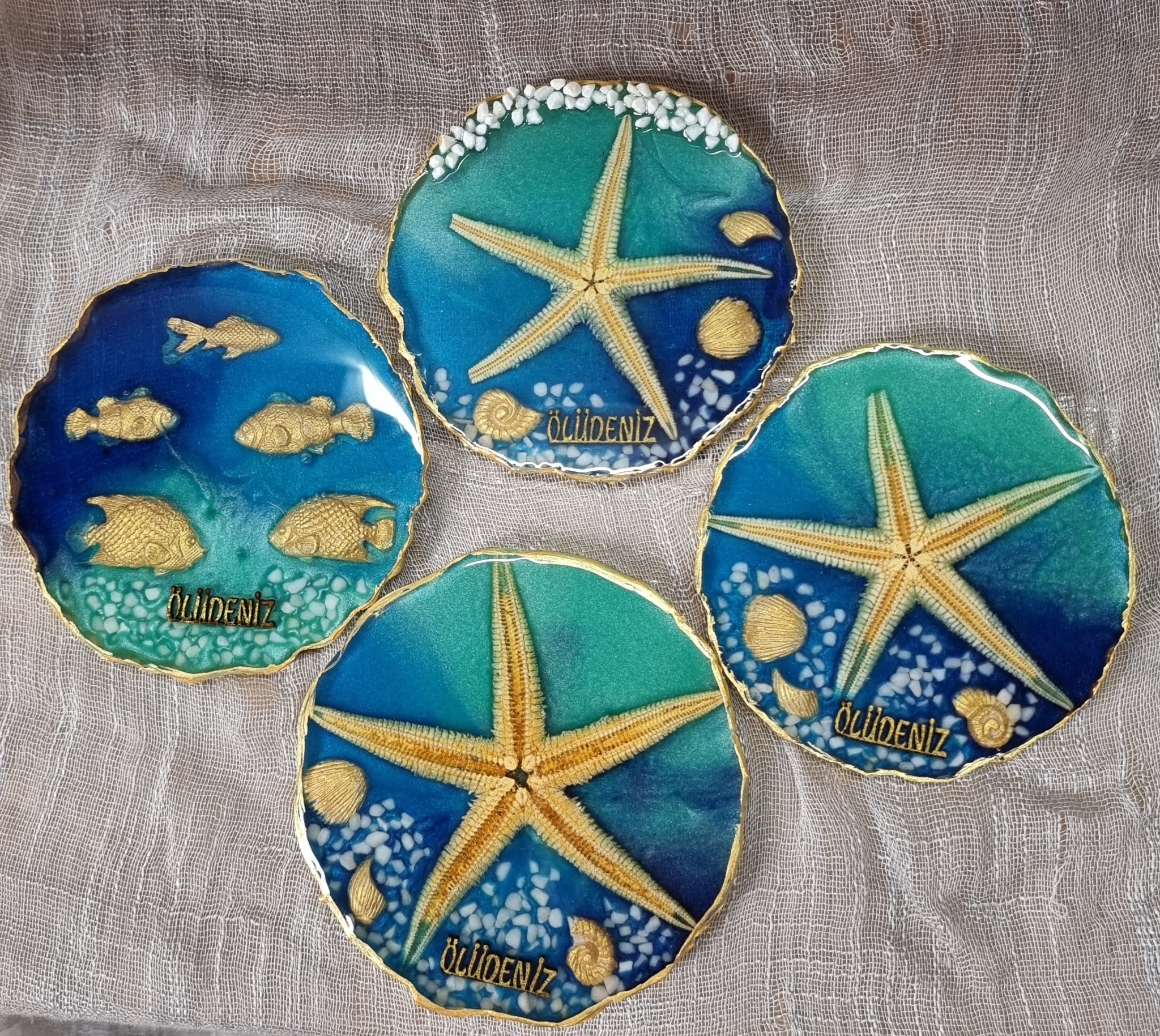 Sea themed epoxy-resin coaster with star fish