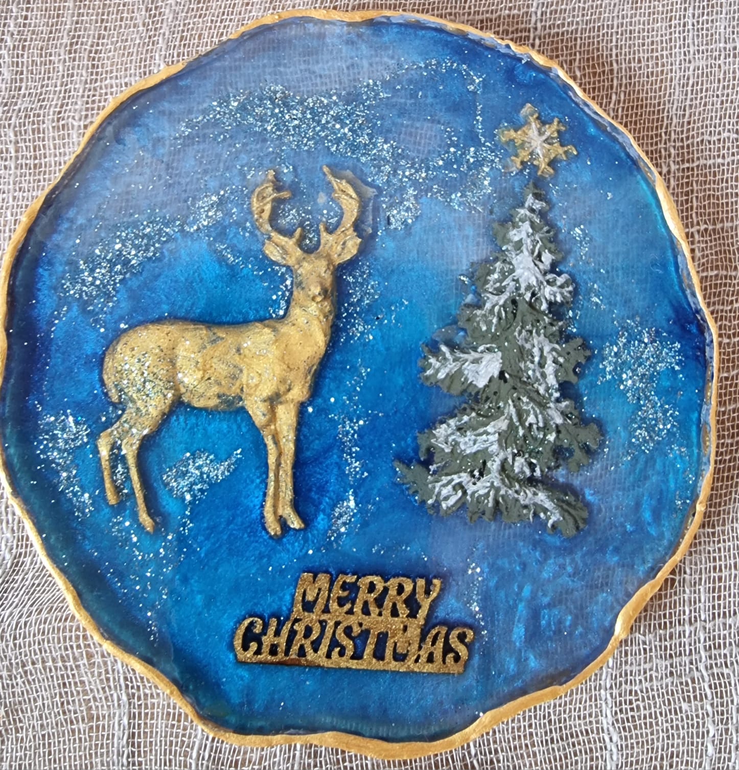 Christmas themed epoxy-resin coasters: Deer and a Christmas tree