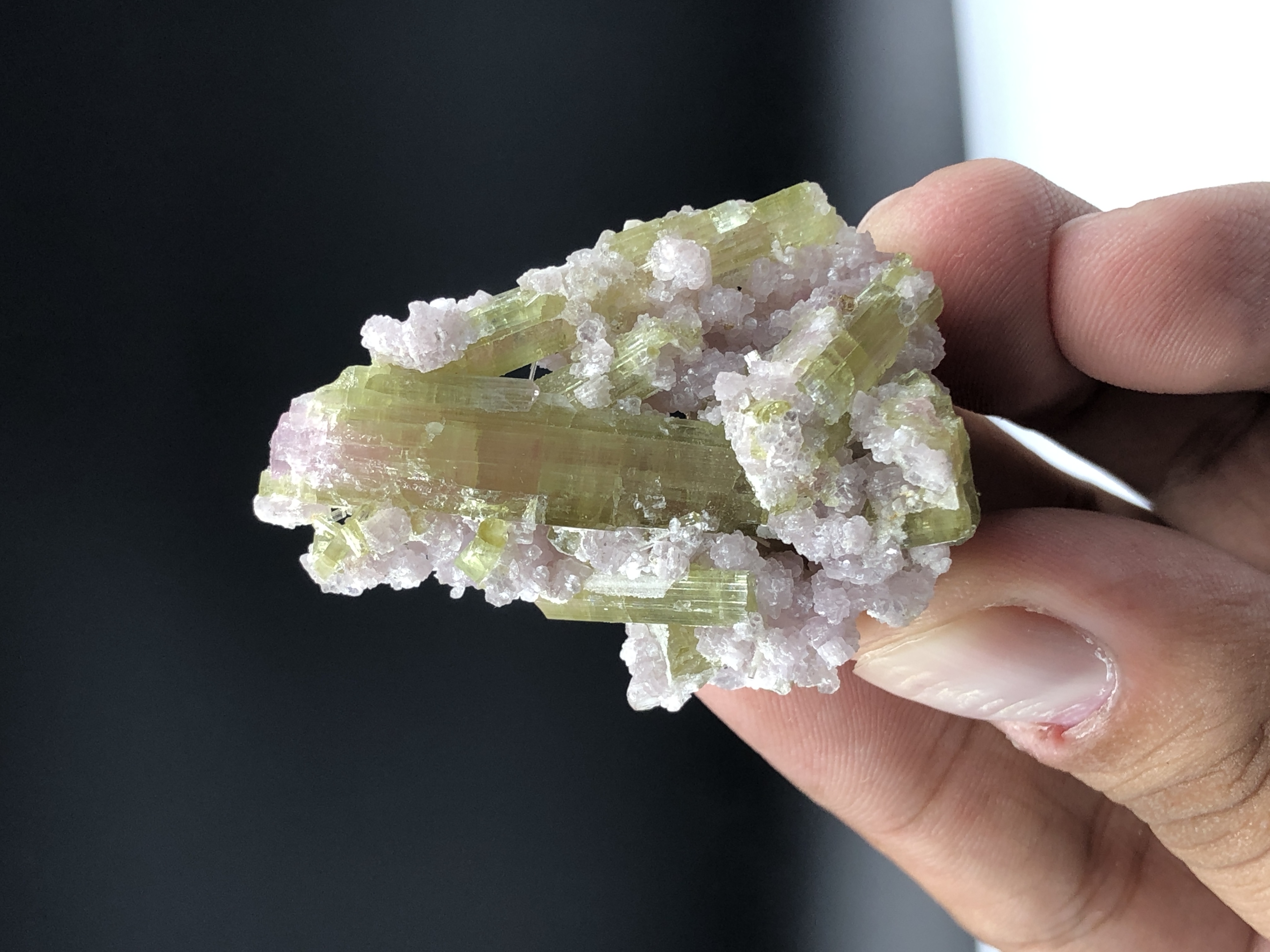 An Aesthetic Tourmaline Crystal Nestled on Lepidolite Mica.