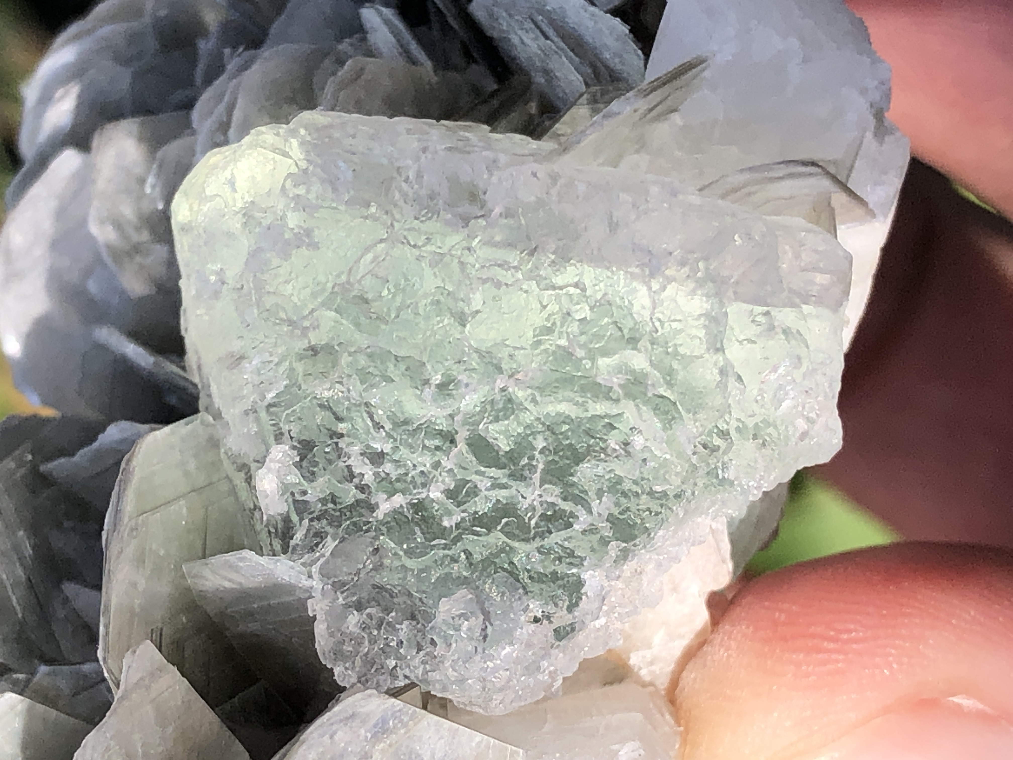 An Aesthetic Green Fluorite Sphere Rested on Flower Shape Muscovite.