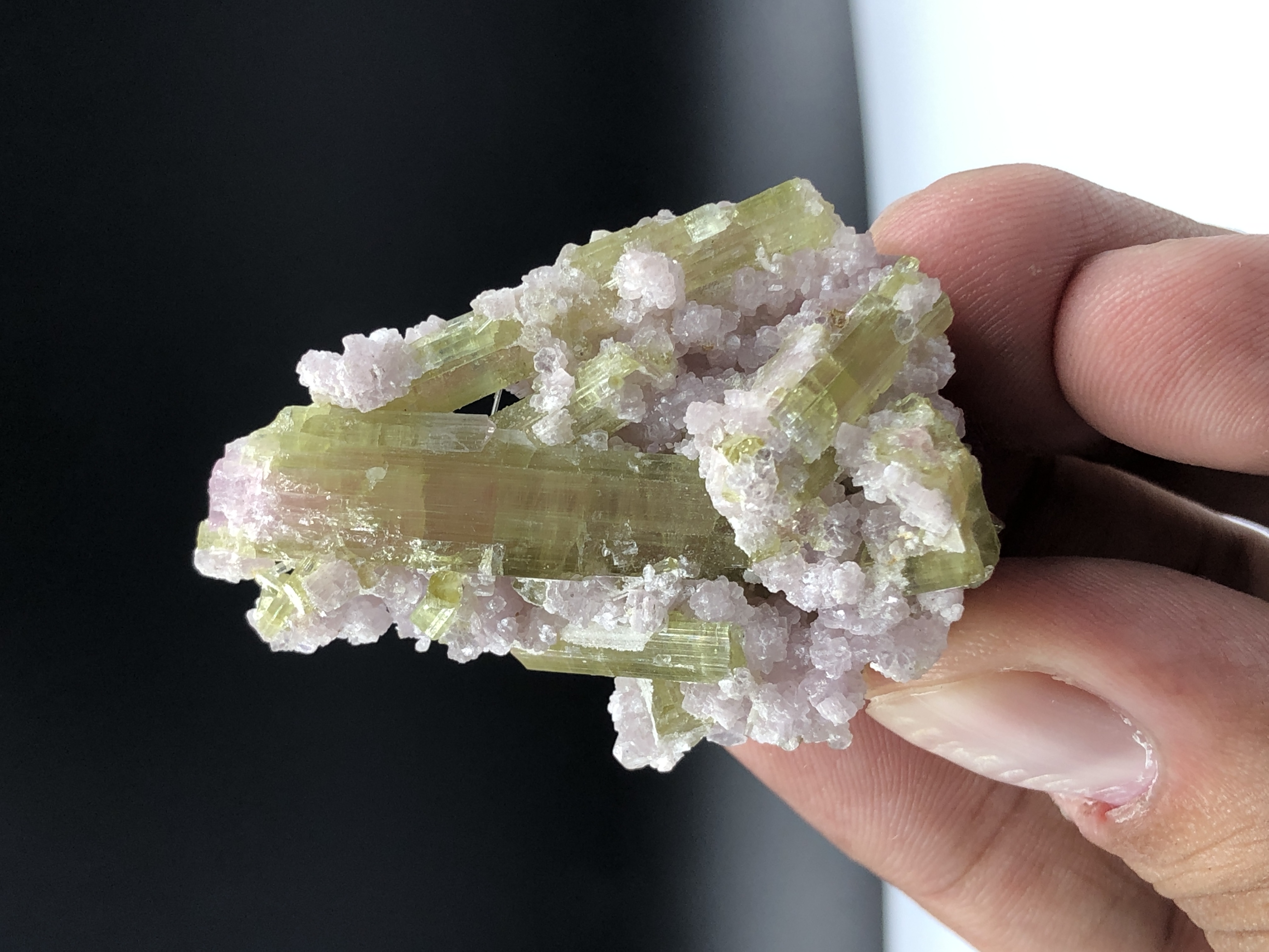 An Aesthetic Tourmaline Crystal Nestled on Lepidolite Mica.