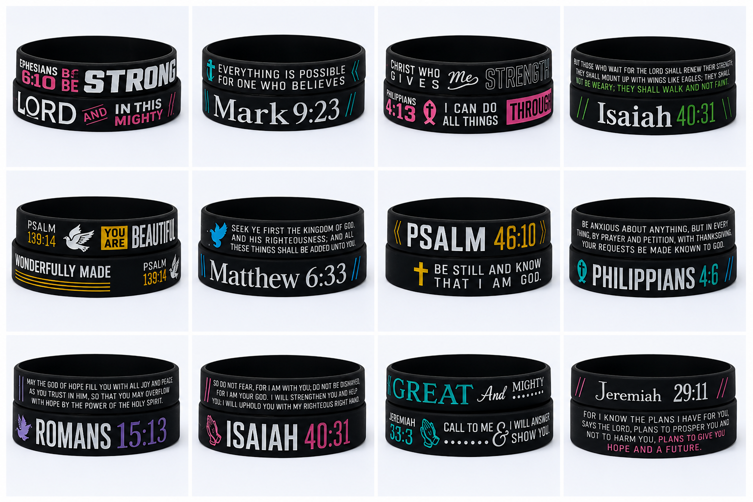 Full BIble verse wrist band with color print debossed ink