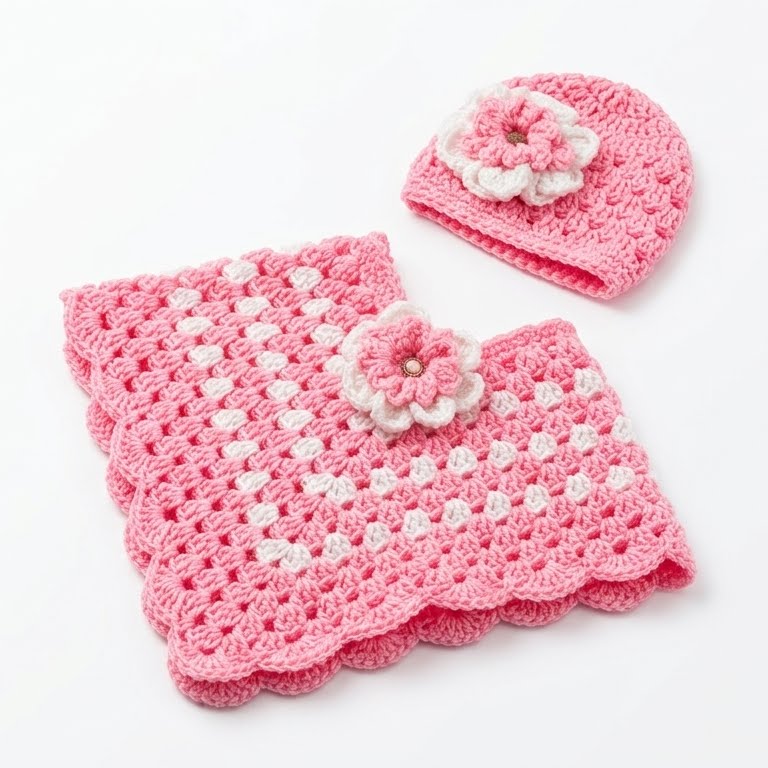 Poncho y gorro tejido para niña