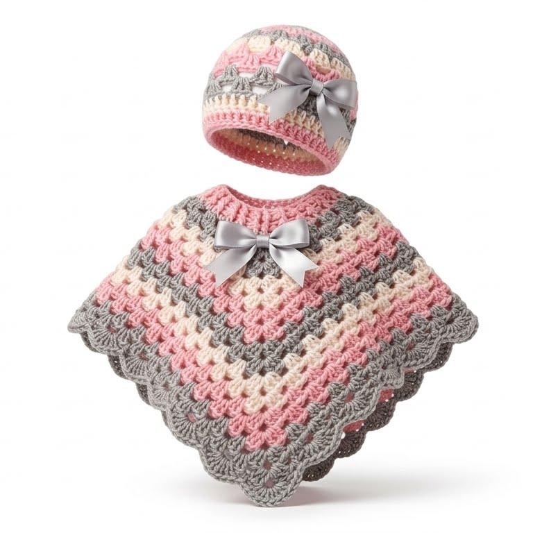 Poncho y gorro tejido para niña