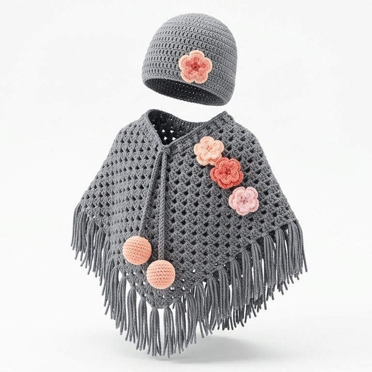 Poncho y gorro tejido para niña
