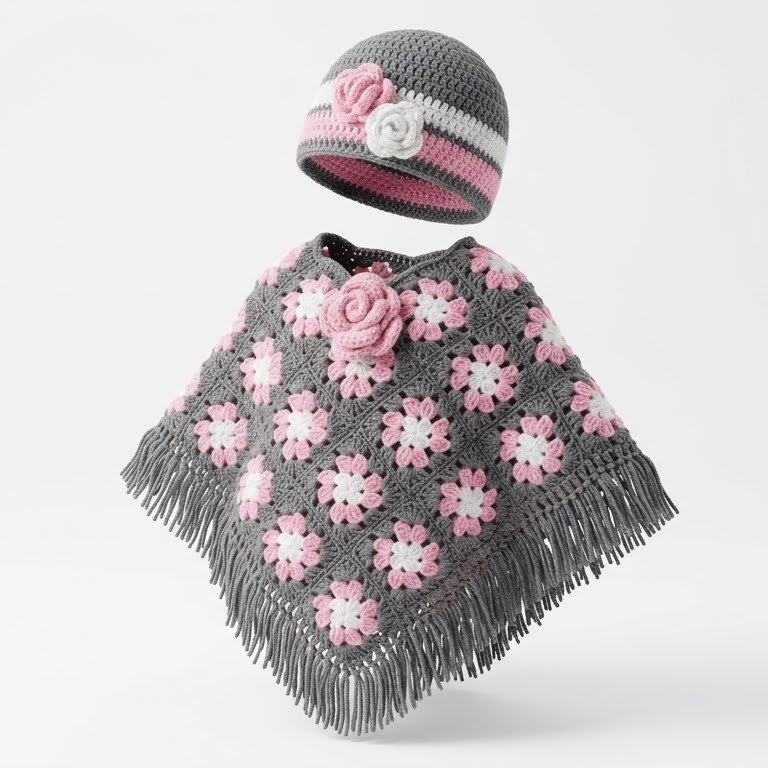 Poncho y gorro tejido para niña