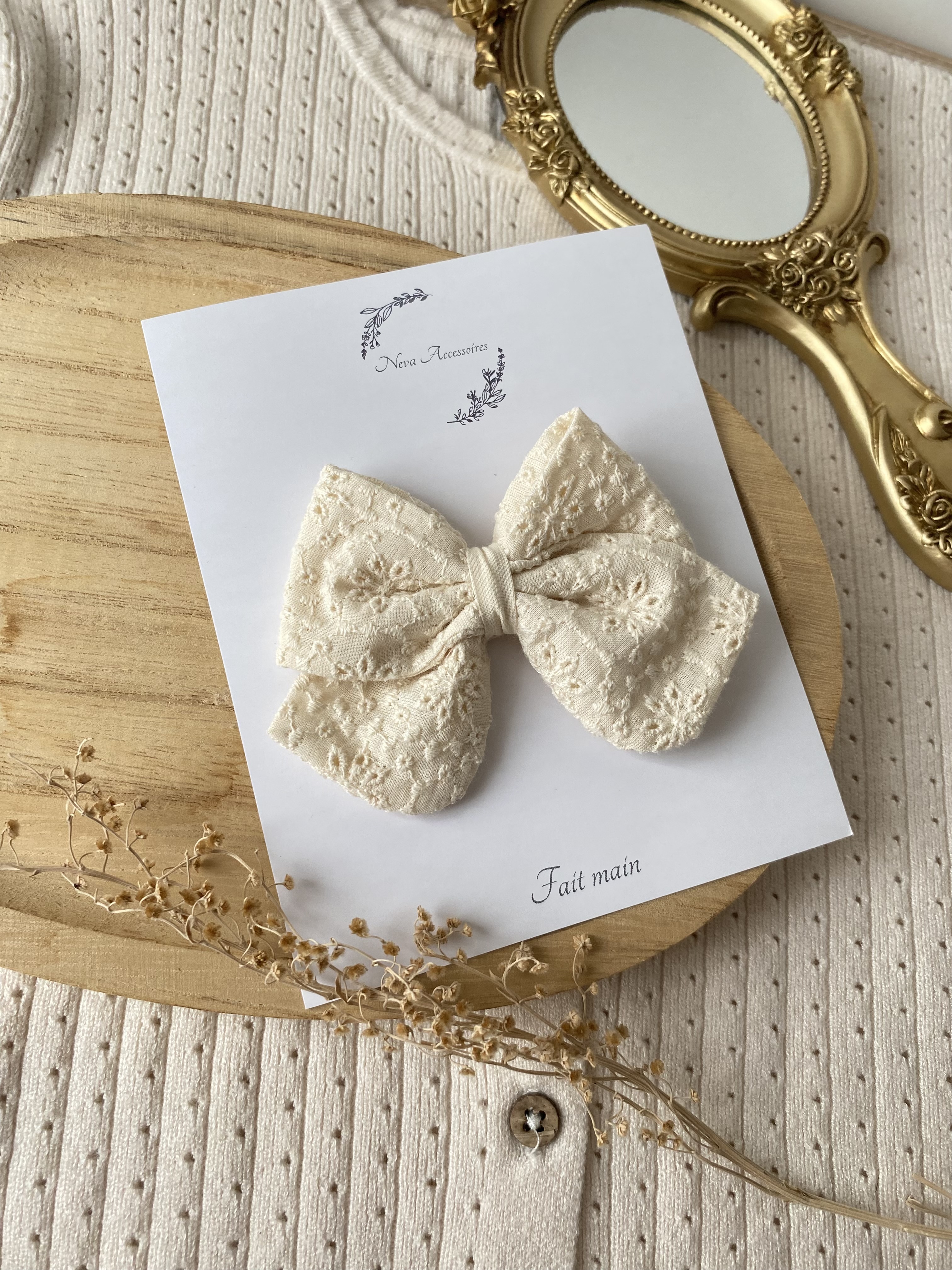 Nœud broderie anglaise vanille L