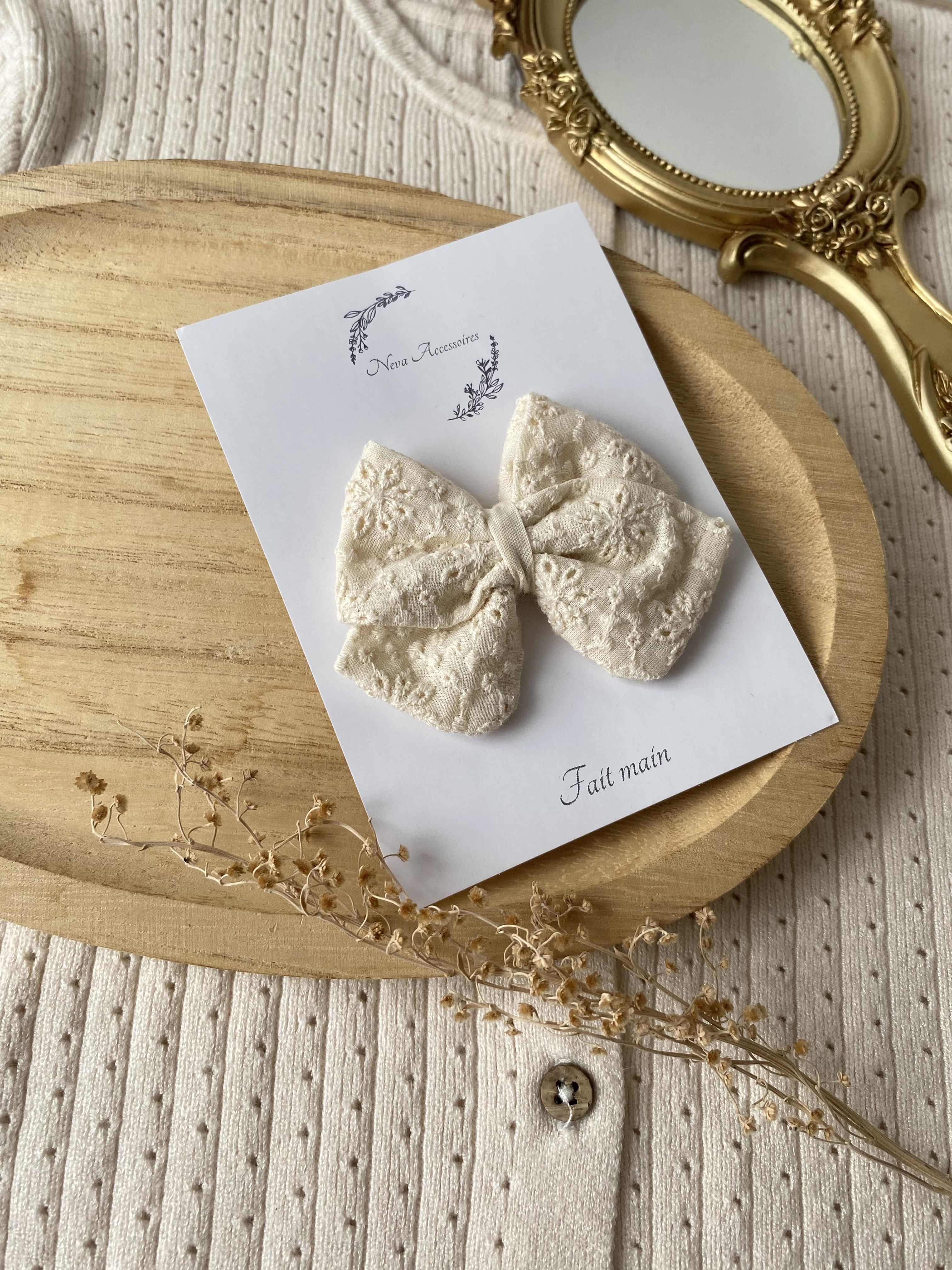 Nœud broderie anglaise vanille M