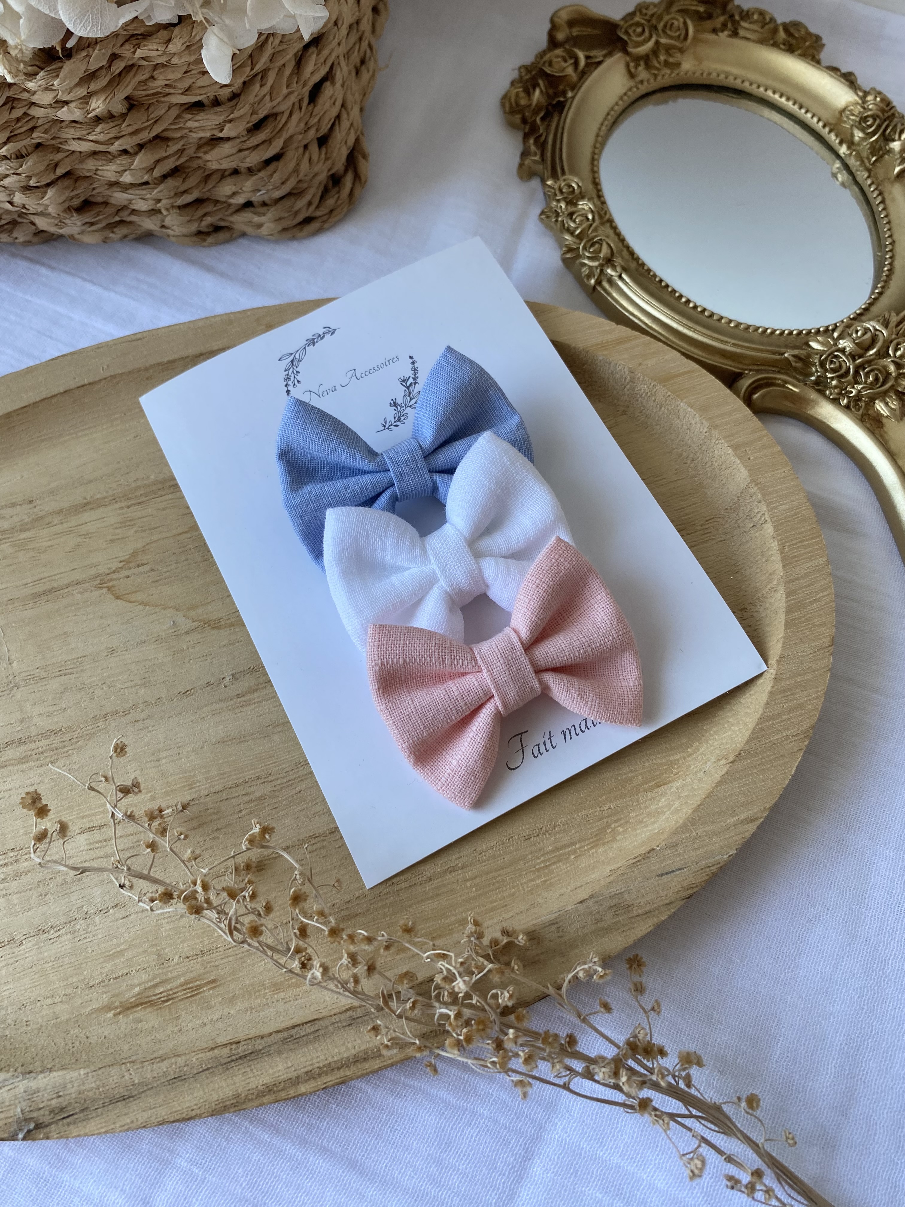 Lot de 3 nœuds bleu/blanc/rose S