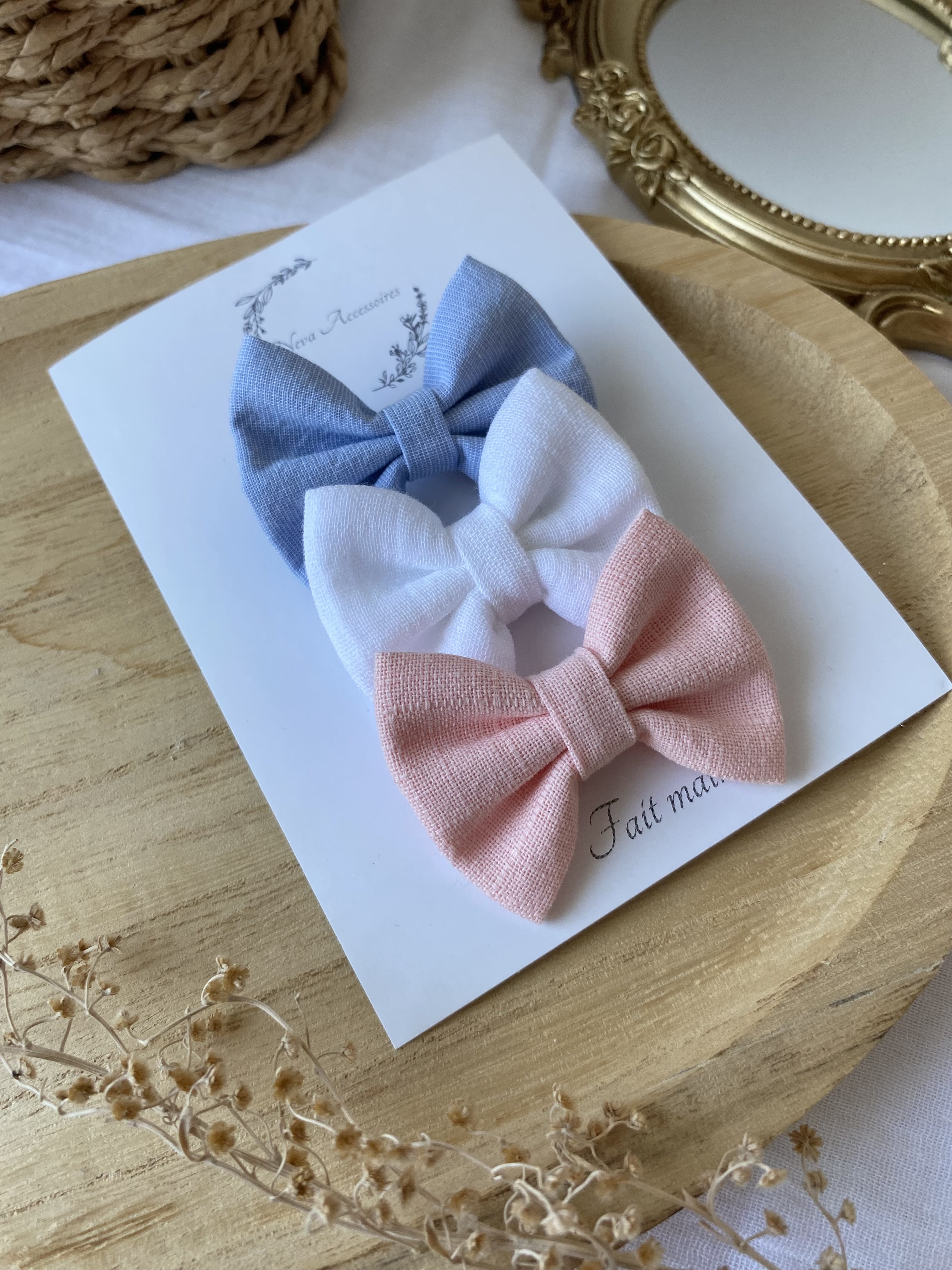 Lot de 3 nœuds bleu/blanc/rose S