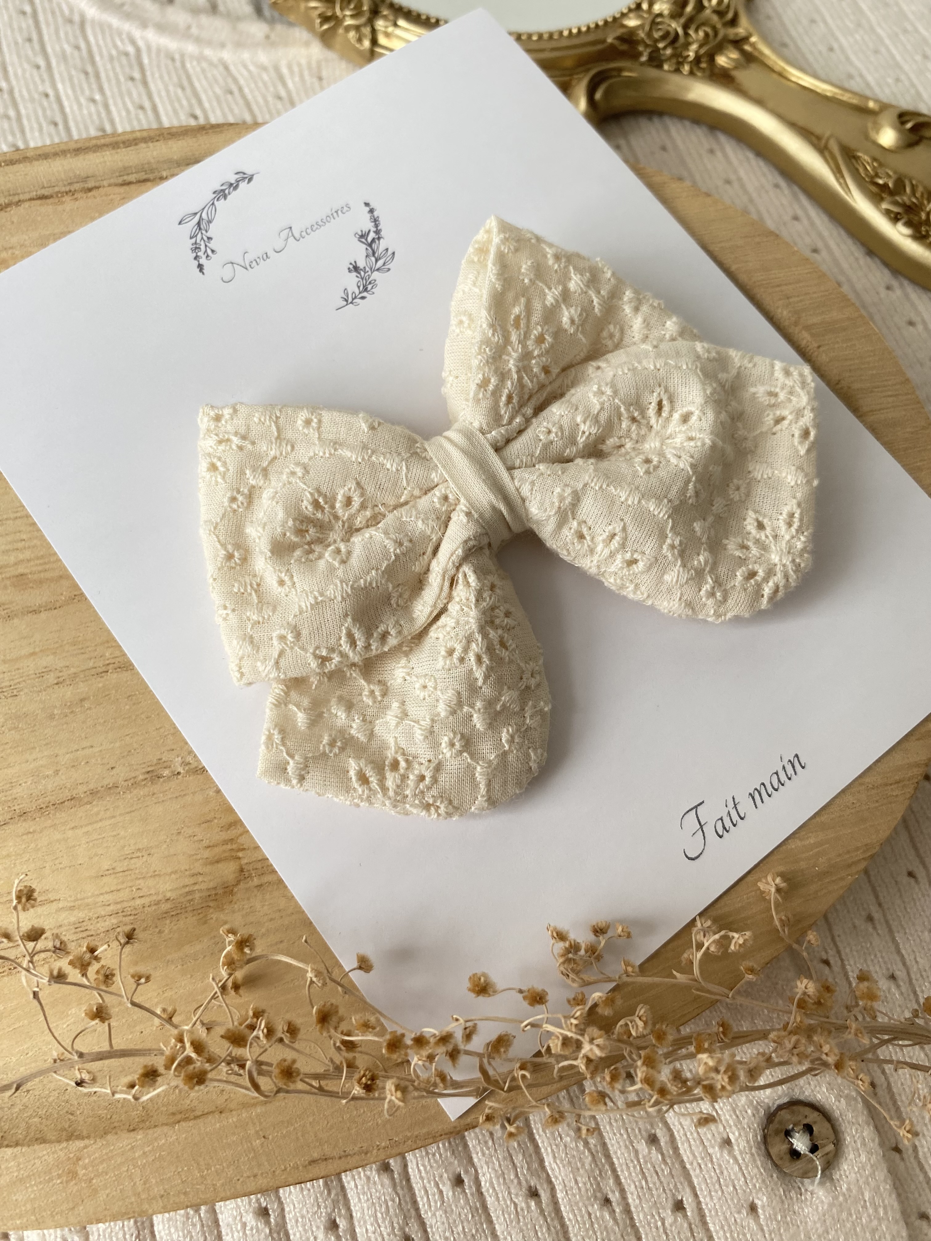 Nœud broderie anglaise vanille L