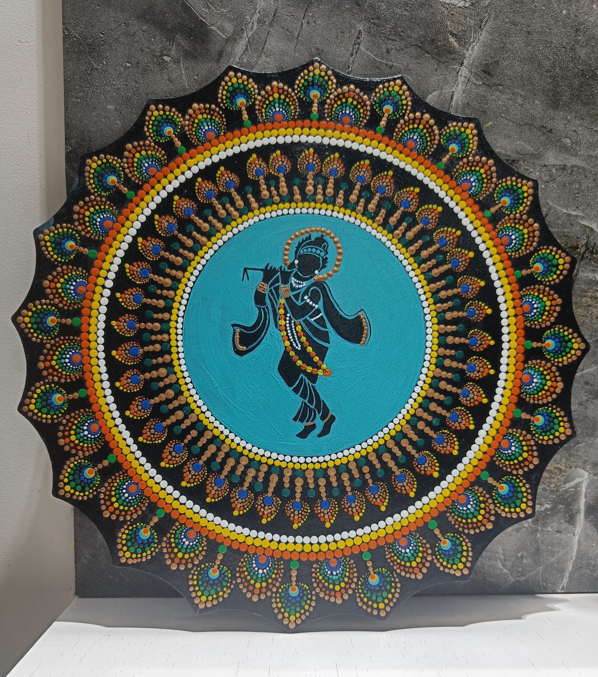 Handcrafted Krishna Mandala Art | Divine Flute Design | MDF board 15″
