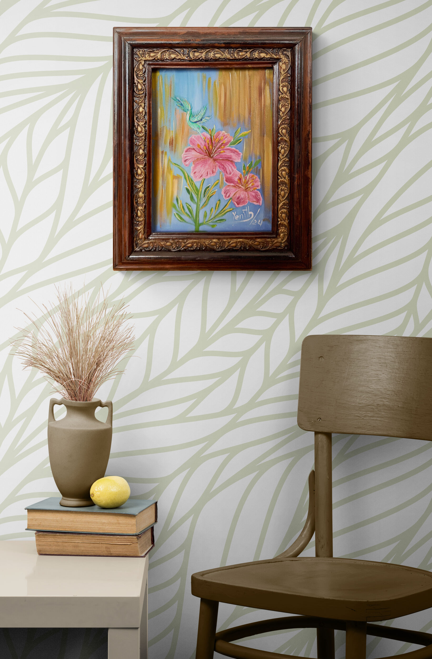 Pintura lirios y colibrí