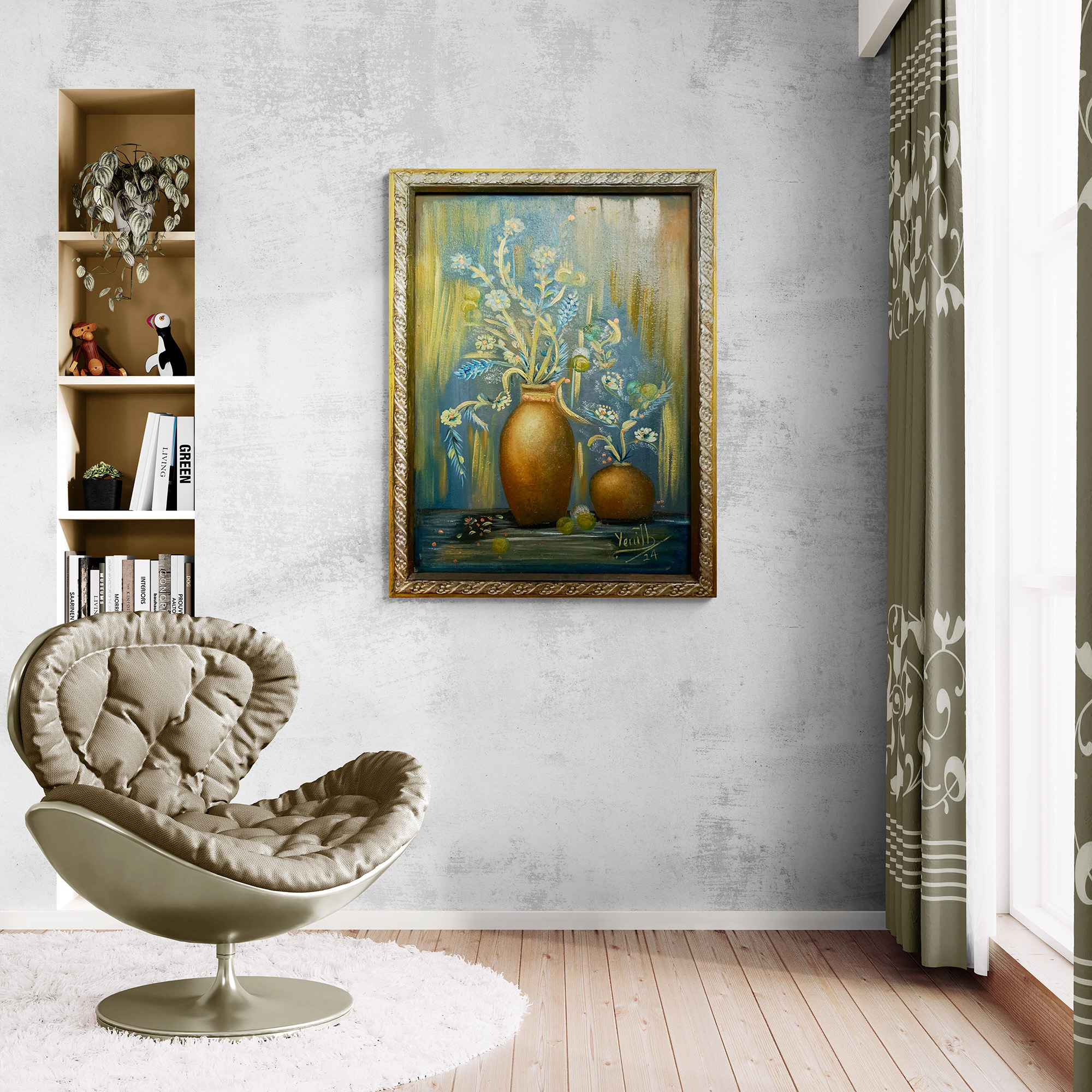 Pintura de naturaleza japonesa con jarrones
