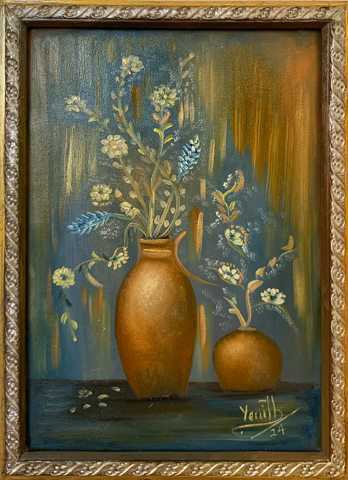 Pintura de naturaleza japonesa con jarrones
