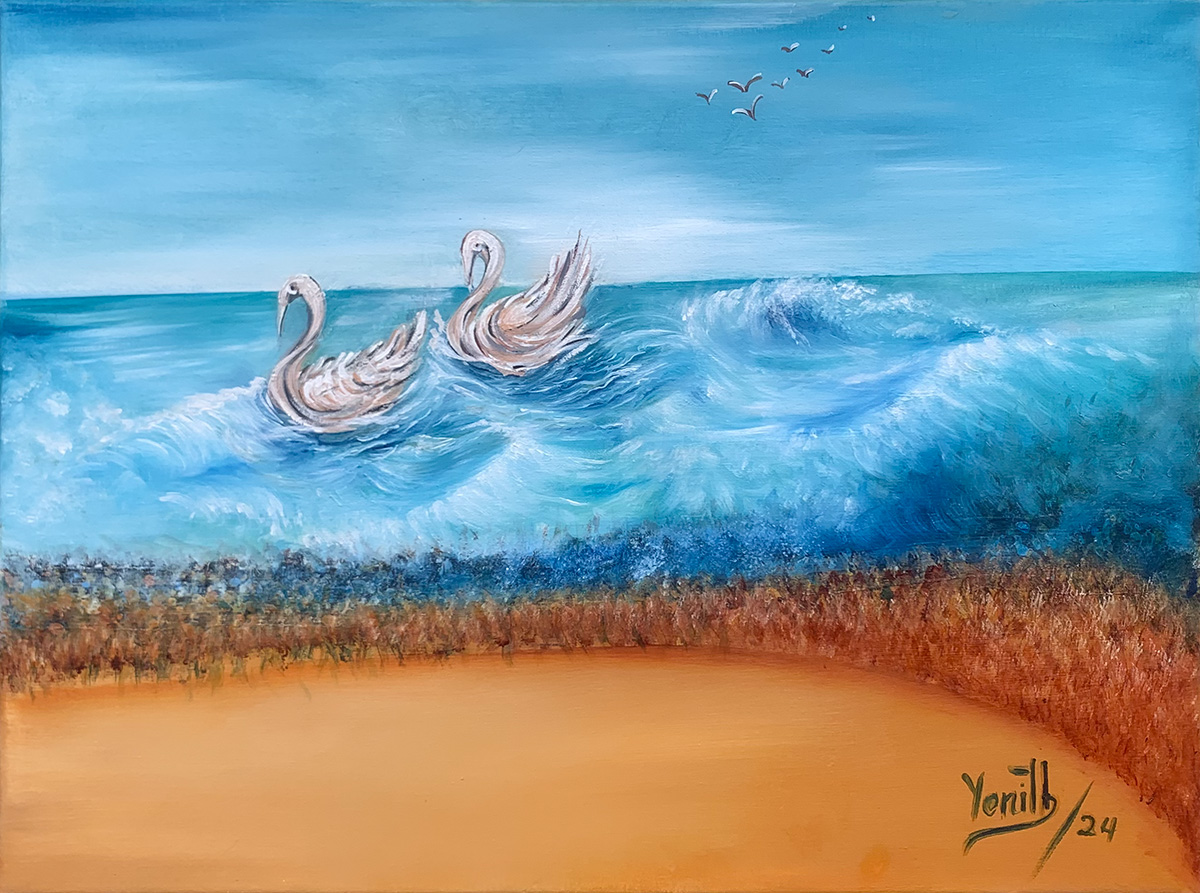 Pintura de cisnes en el mar