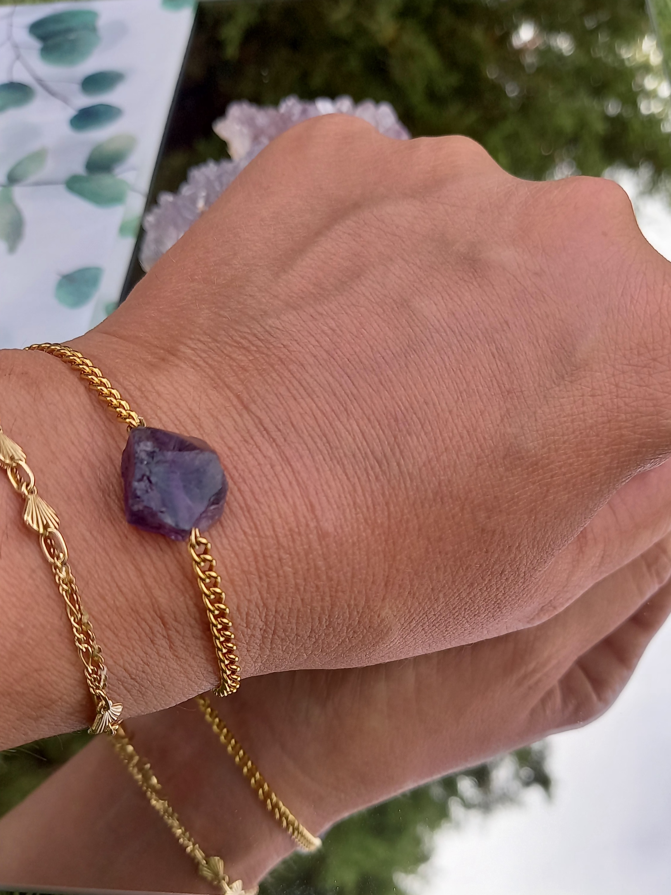 Pulseira em Aço Inoxidável com Ametista em bruto