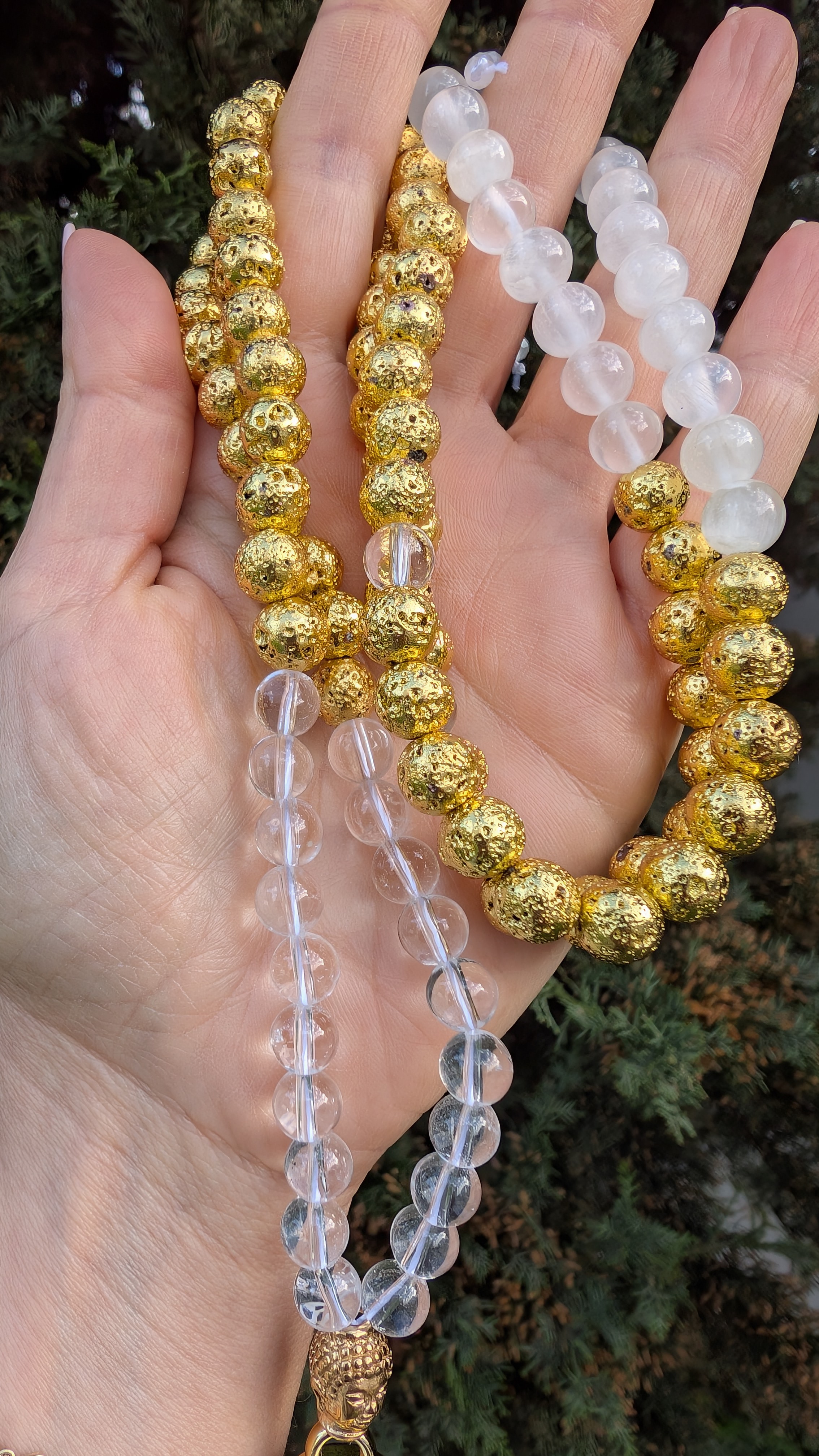Japamala de Quartzo Cristal e Lava Vulcânica Dourada