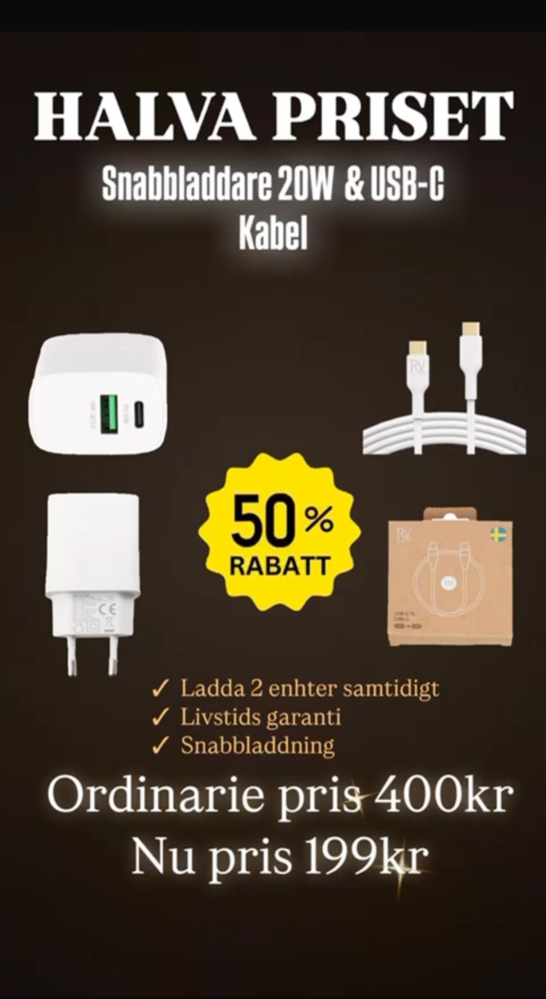 Snabbladdare USB-A & USB-C 20W + USB C till USB C Kabel 1m Rvelon - Vit