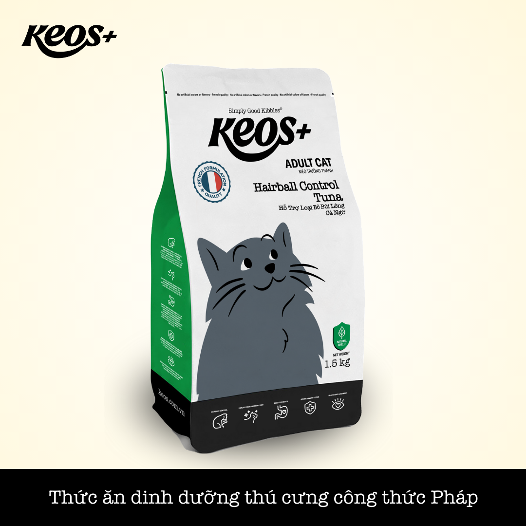 THỨC ĂN KEOS+ MÈO TRƯỞNG THÀNH VỊ CÁ BIỂN HỖ TRỢ  BÚI LÔNG ( Keos + Hairball Control for Adult Cat - Tuna Flavor )