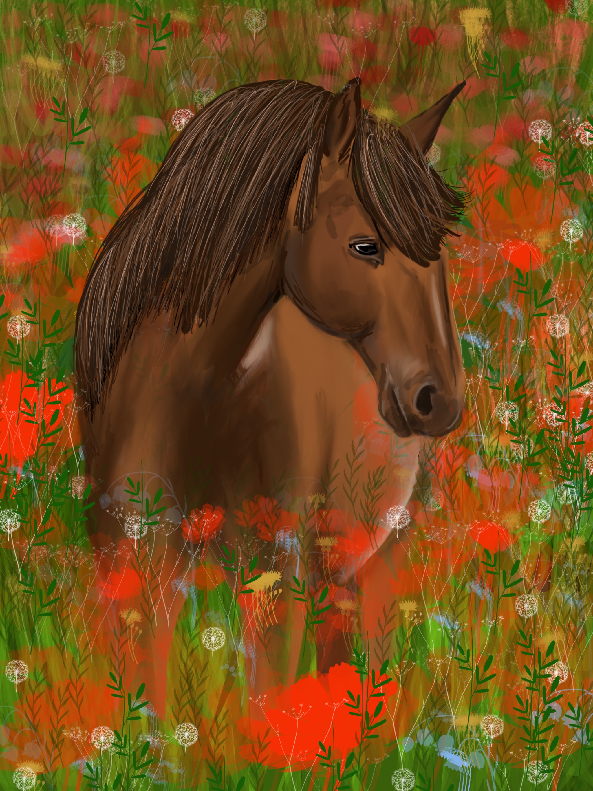 Horse in the red flowers