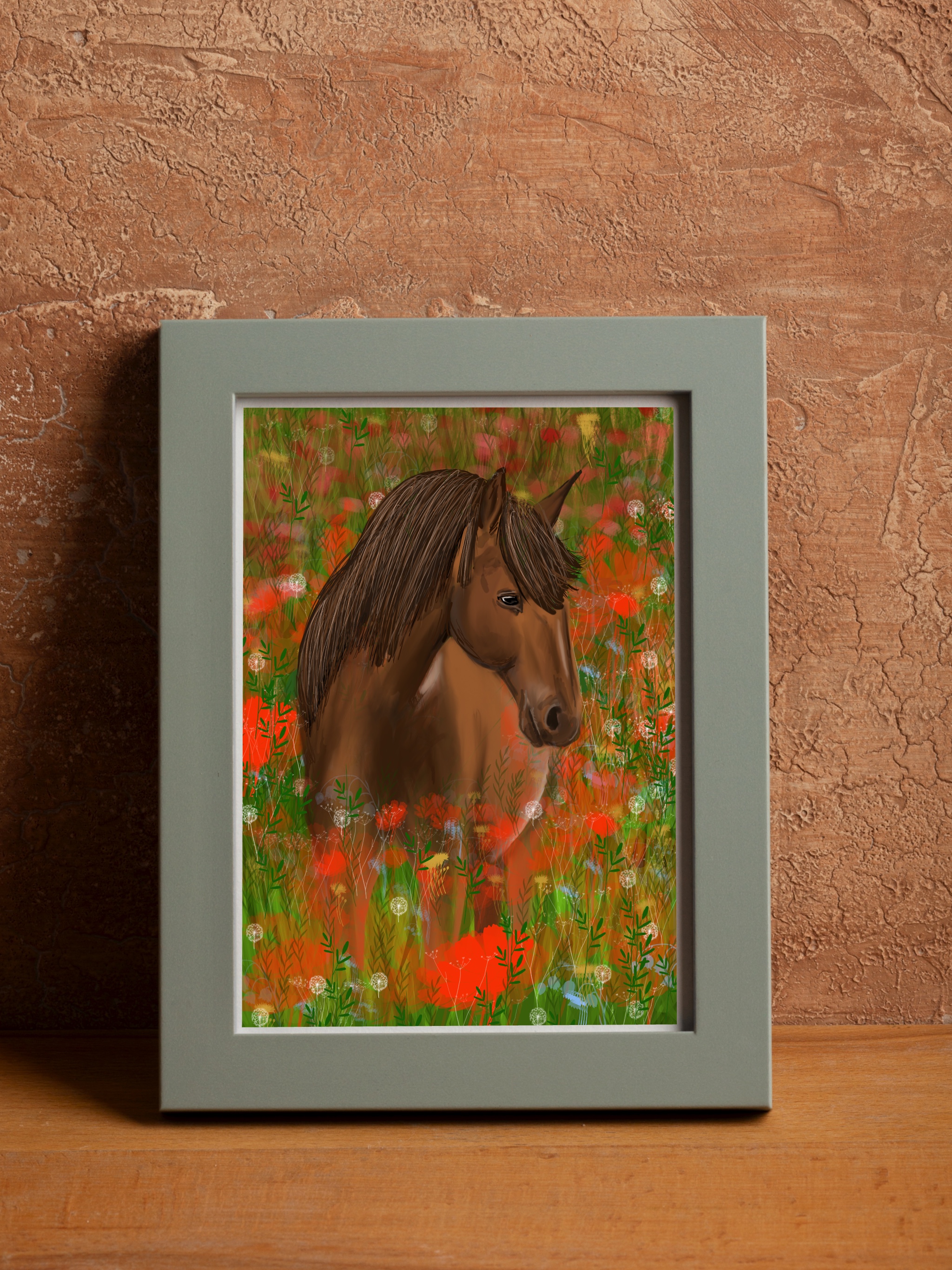 Horse in the red flowers