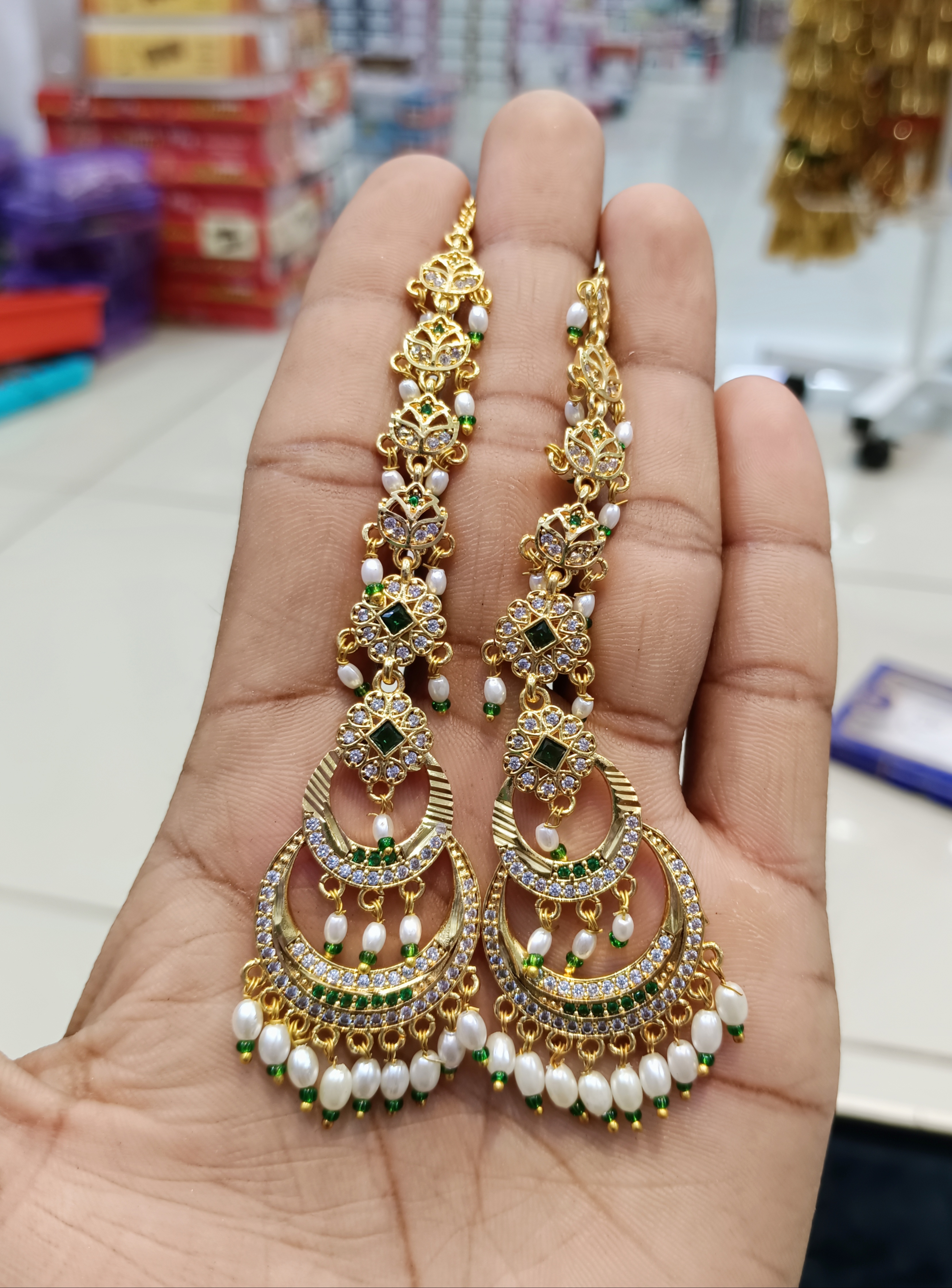 Traditional Gold-Plated Long Chandbali Earrings with Kundan, Pearls & Green Stone Work Meesho Chandbali Earrings  Gold Plated Kundan Earrings  Long Traditional Earrings for Women  Pearl Drop Bridal Earrings Meesho Festive Jewellery 2025