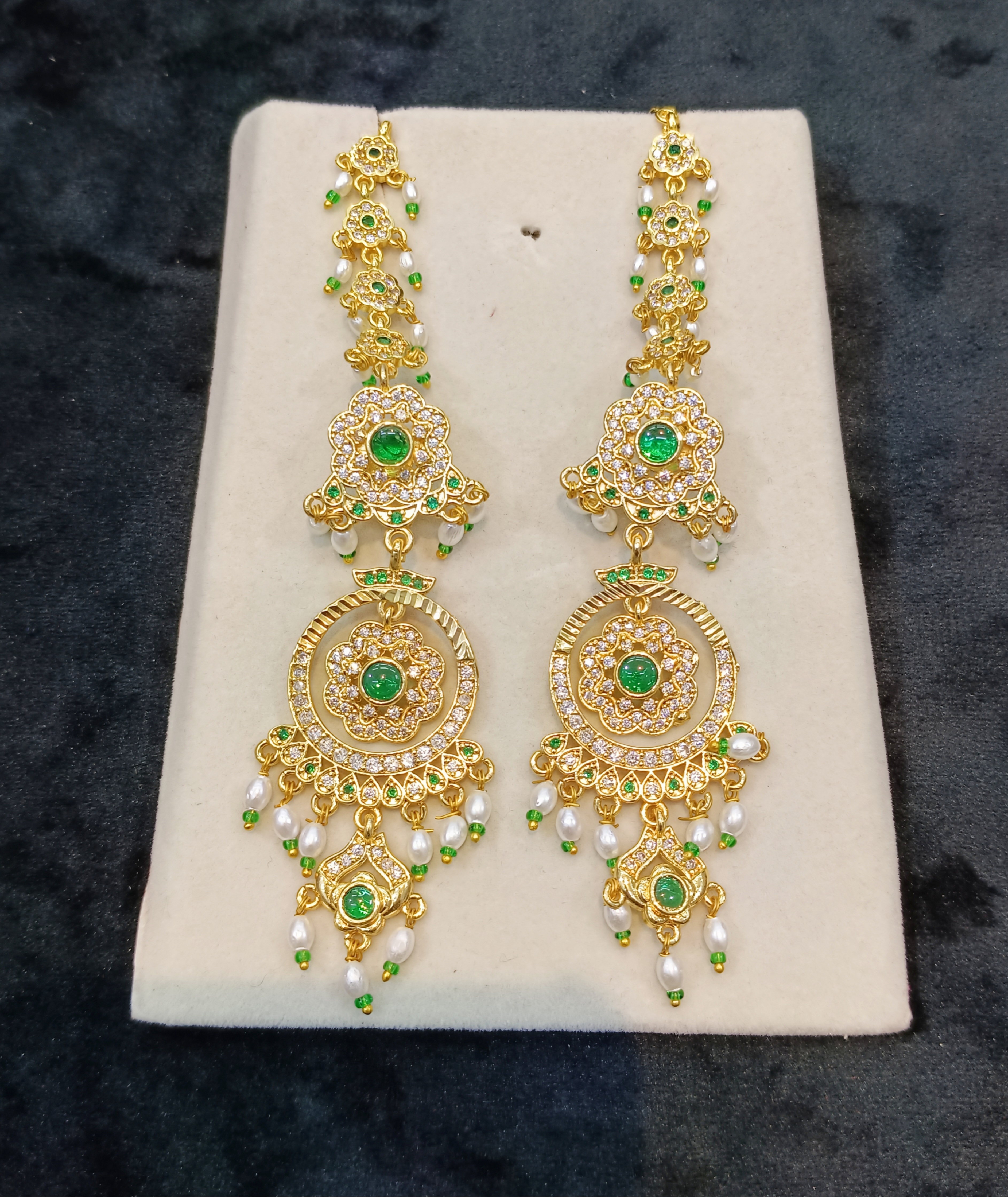 Traditional Gold Plated Green Stone & Pearl Jhumka Earrings for Women & Girls | Ethnic Long Dangler Earrings | Bridal & Festive Wear Jewelry ethnic earrings, gold plated earrings, kundan earrings, green stone earrings,