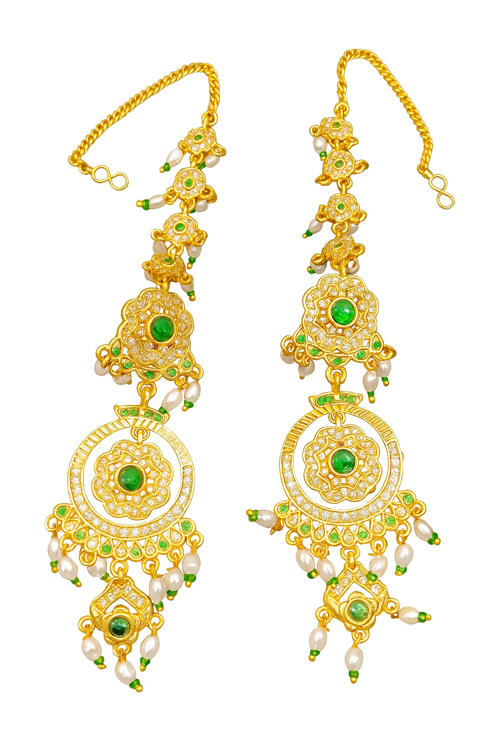 Traditional Gold Plated Green Stone & Pearl Jhumka Earrings for Women & Girls | Ethnic Long Dangler Earrings | Bridal & Festive Wear Jewelry ethnic earrings, gold plated earrings, kundan earrings, green stone earrings,